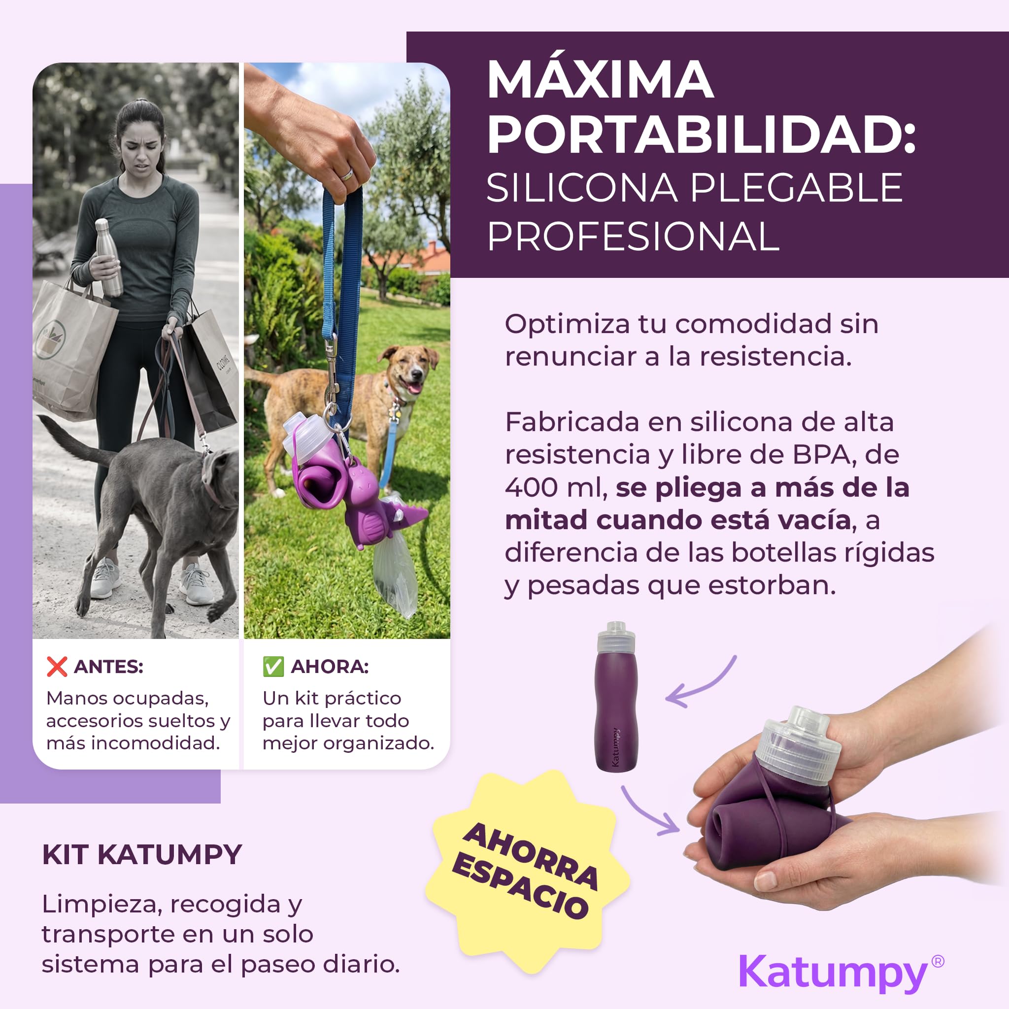Set per la pulizia della bottiglia Pipi Cane | Bottiglia in silicone pieghevole, portatile e antigoccia da 400 ml | Include dispenser per sacchetti usati e 4 rotoli di sacchetti per cani |