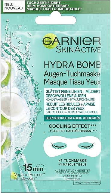 Garnier Eye Cloth Mask Moisturising Against Swollen Eyes Smoothing Fine Lines Vegan Formula with Coconut Water and Hyaluronic Acid Hydra Bomb 6g