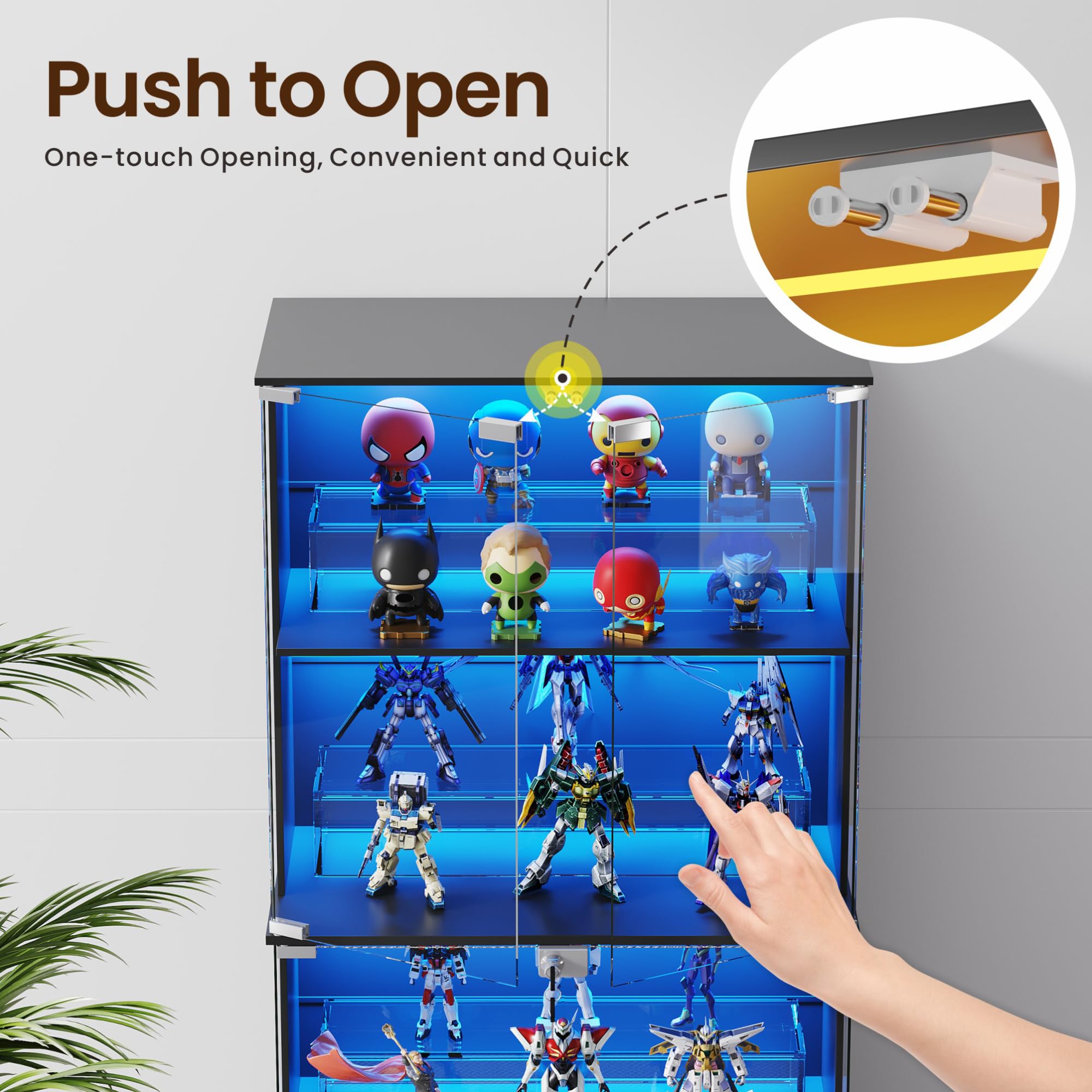 Lvifur Vitrine mit LED Beleuchtung und Glastüren für Sammlerstücke,Wein,35×70×168cm 4-Lagen Glasvitrine Vitrinenschrank mit Intelligente Sensorik für Wohnzimmer Schlafzimmer,Schwarz