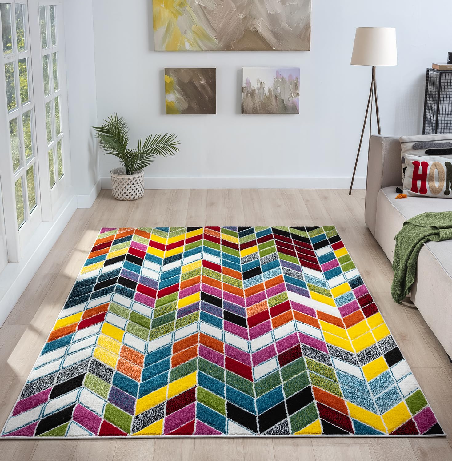 Lord of Rugs Quality Handcarved Geometric Design Rainbow Multi Coloured Rug Ocala Multi, Large 160x230 cm (5'3"x7'7")