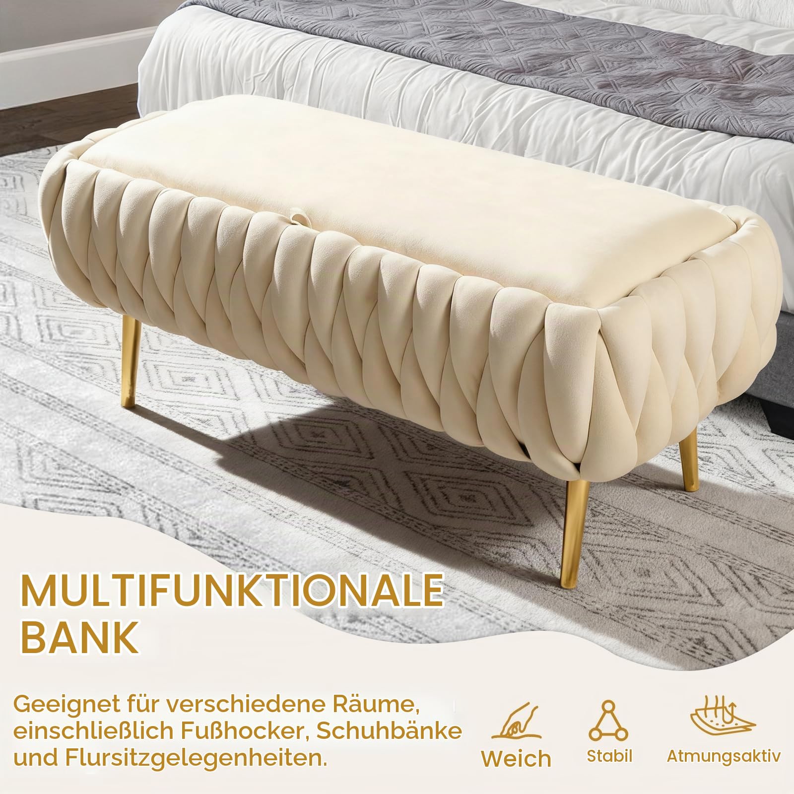 Hocker mit Stauraum, Pouf mit Stauraum, Flurbank, Sitzbank Stauraum, Aufbewahrungsbank, bis 300 kg Belastbar, Hockerbank für Wohnzimmer, Flur, Schlafzimmer (Weiß)