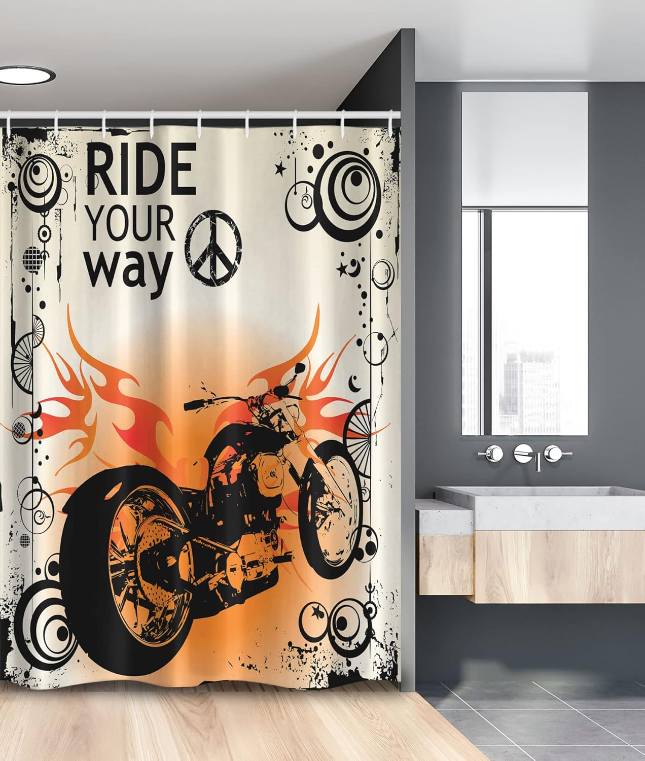 Ambesonne Manly Stall Shower Curtain, Motorcycle Image with Ride Your Way Text Peace Sign Freedom Action Freestyle, Fabric Bathroom Decor Set with Hooks, 54" W x 78" L, Black Orange Cream