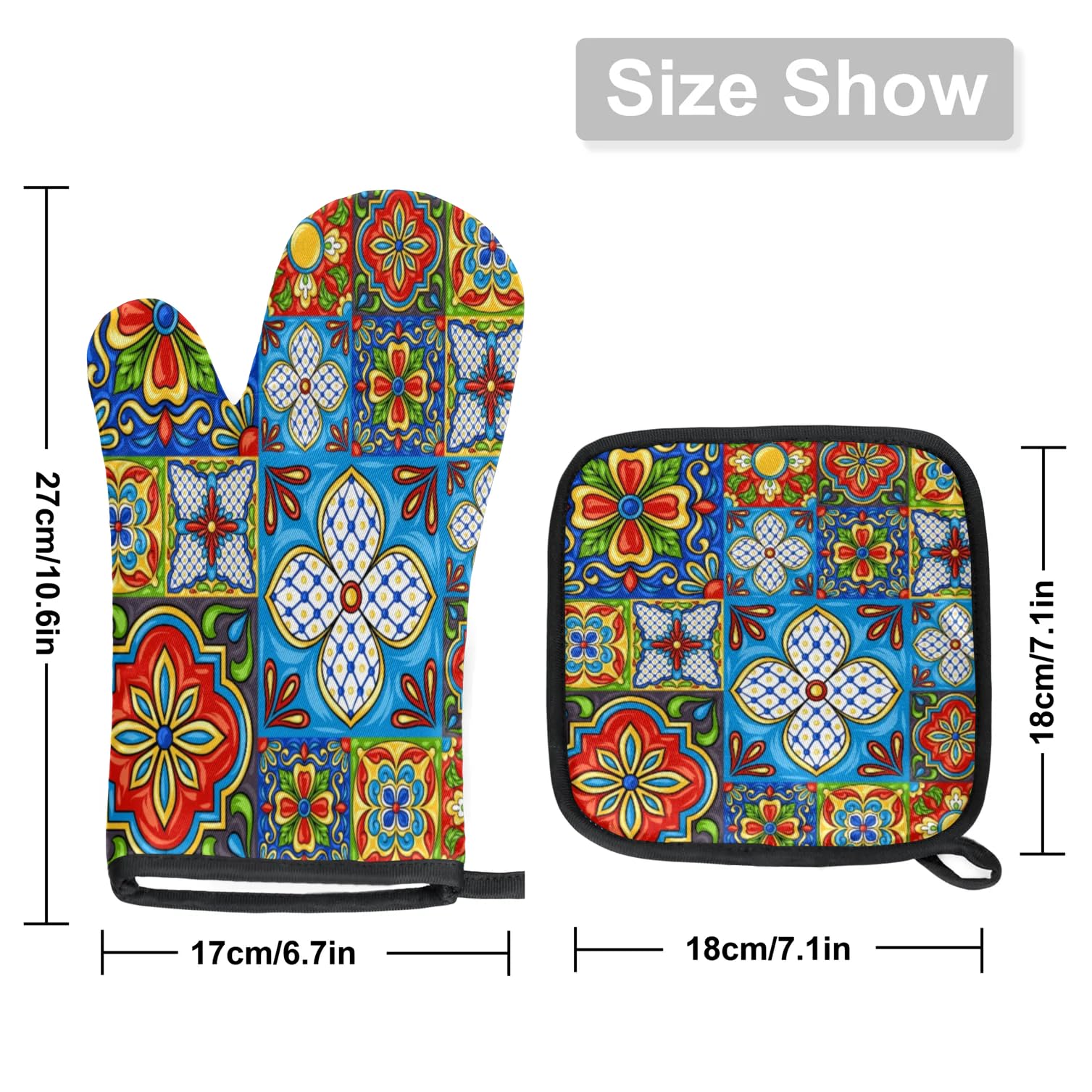 Beautiful Patterned Tiles Oven Mitts Kitchen Oven Gloves for Cooking Baking Heat Proof Lining Cotton Kitchen Potholder Mittens Pot Holders Hot Pads for Chef Women Men