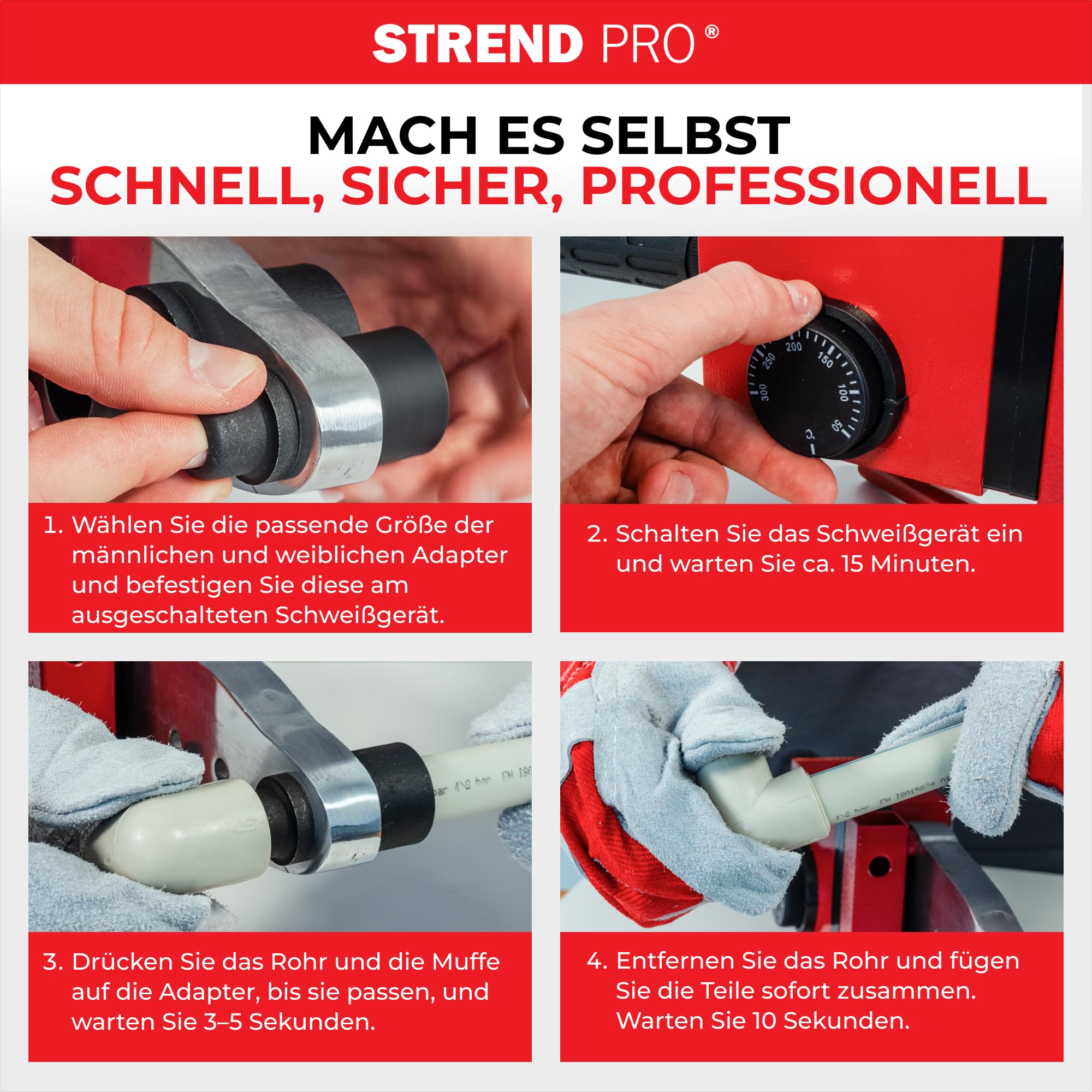 STREND PRO Muffenschweißgerät |1500W Polyfusions | Schweißgerät für Kunststoffrohre Ø20–63 mm - PPR, PE | Profi-Rohrschweißgerät mit 14-teiligem Zubehör | 0–300°C Temperaturregelung | Schweißgerät