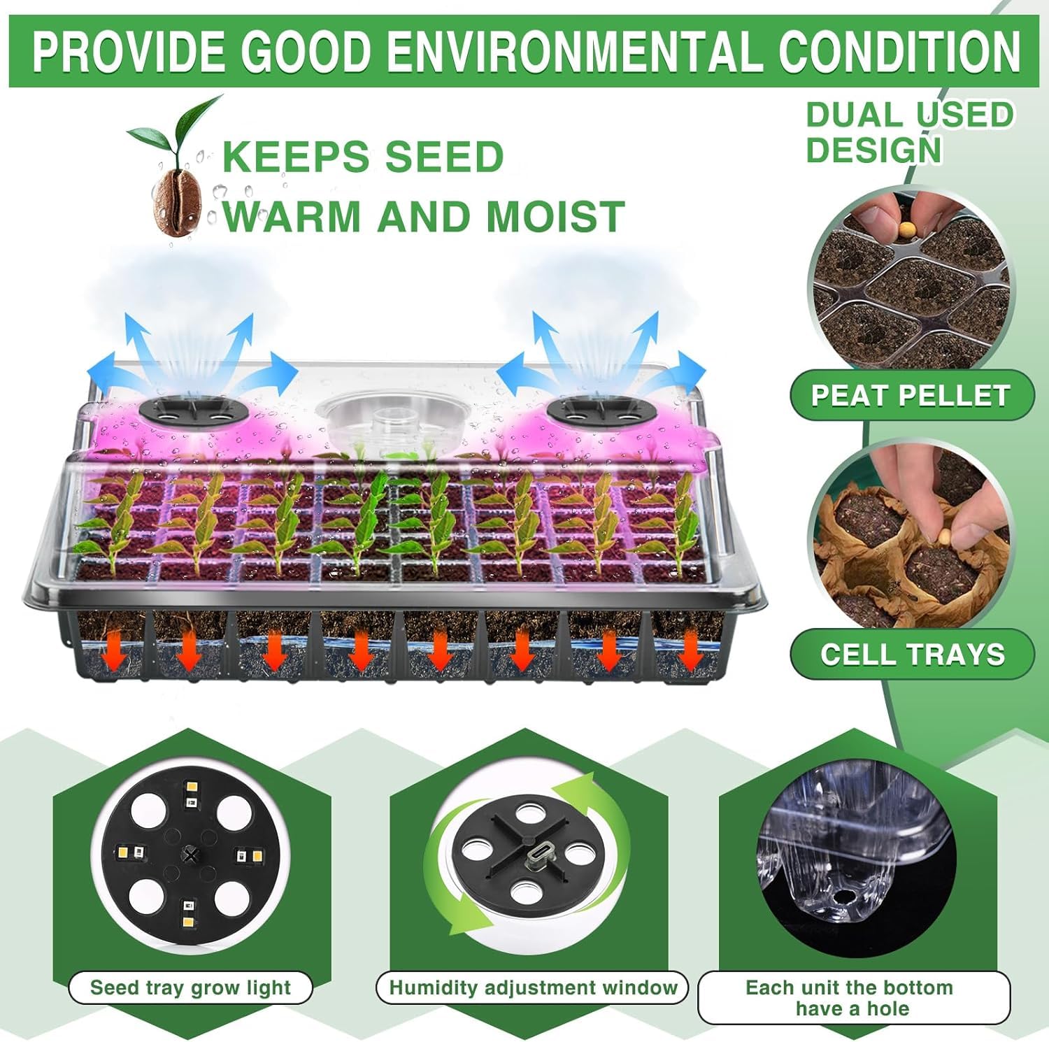 YAUNGEL Vassoio Germinazione con Luce di Coltivazione, 2 Pezzi 80 Celle Semenzaio Germinazione, Mini Serra Propagatore con Luminosità Regolabile e Regolatore di Temporizzazione, Nero