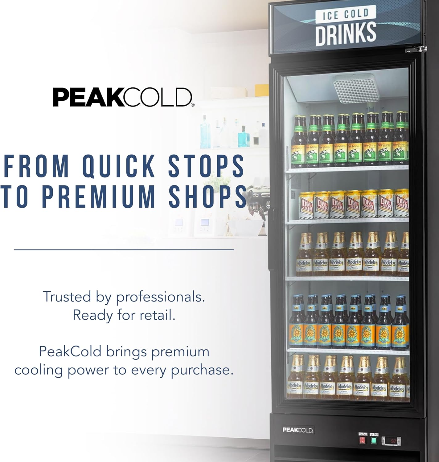 PEAKCOLD 1-Door Display Refrigerator - 14 Cubic Ft, Energy Efficient, Black Merchandiser Refrigerator With Glass Door, White Interior & LED Lighting - Commercial Display Cooler