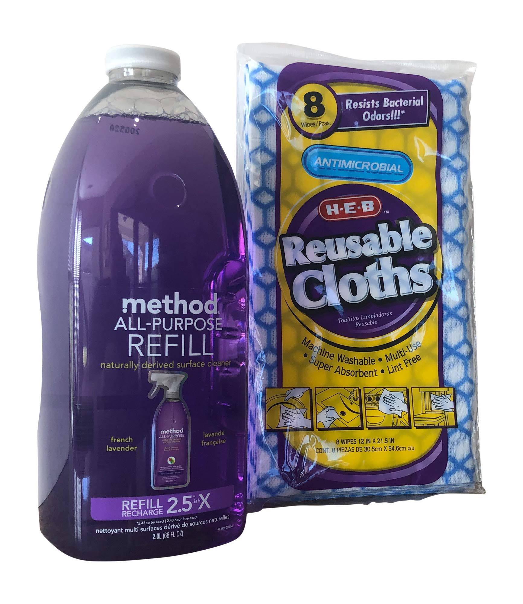 Method French Lavender All-Purpose Cleaner Refill Bundle: Method All-Purpose French Lavender Refill (68 Fl. Oz.) + 8 HEB Reusable Cloths