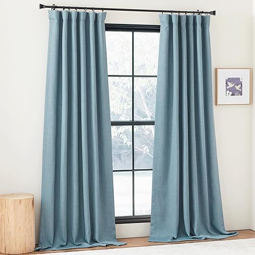 NICETOWN Faux Linen Mist Blue Curtains for Living Room, Pinch Pleated Curtains Room Darkening Window Treatments Thermal Drapes Light/Noise Blocking for Bedroom/Nursery, W50 x L96, 2 Pieces