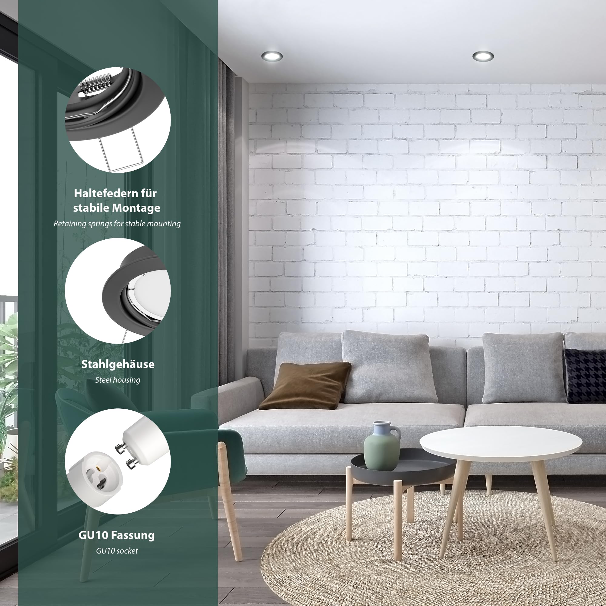 ledscom.de 10x Decken-Einbaustrahler FERE Einbaurahmen anthrazit matt, inkl. GU10 Lampe, 630lm, weiß