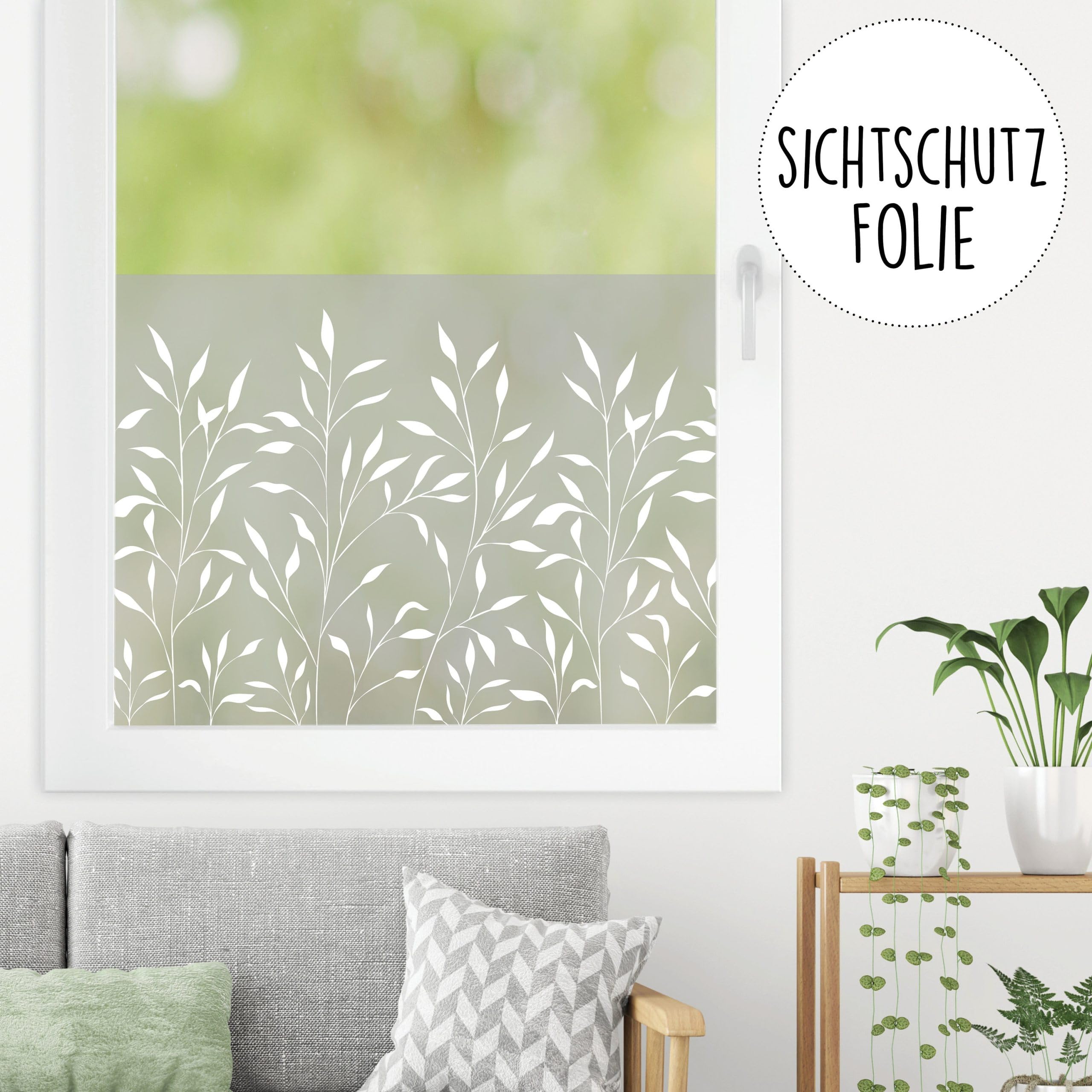 Sichtschutzfolie mit zarten Gräsern Fensterfolie Fensterdeko Milchglasfolie, 100 cm hoch, 65 cm breit