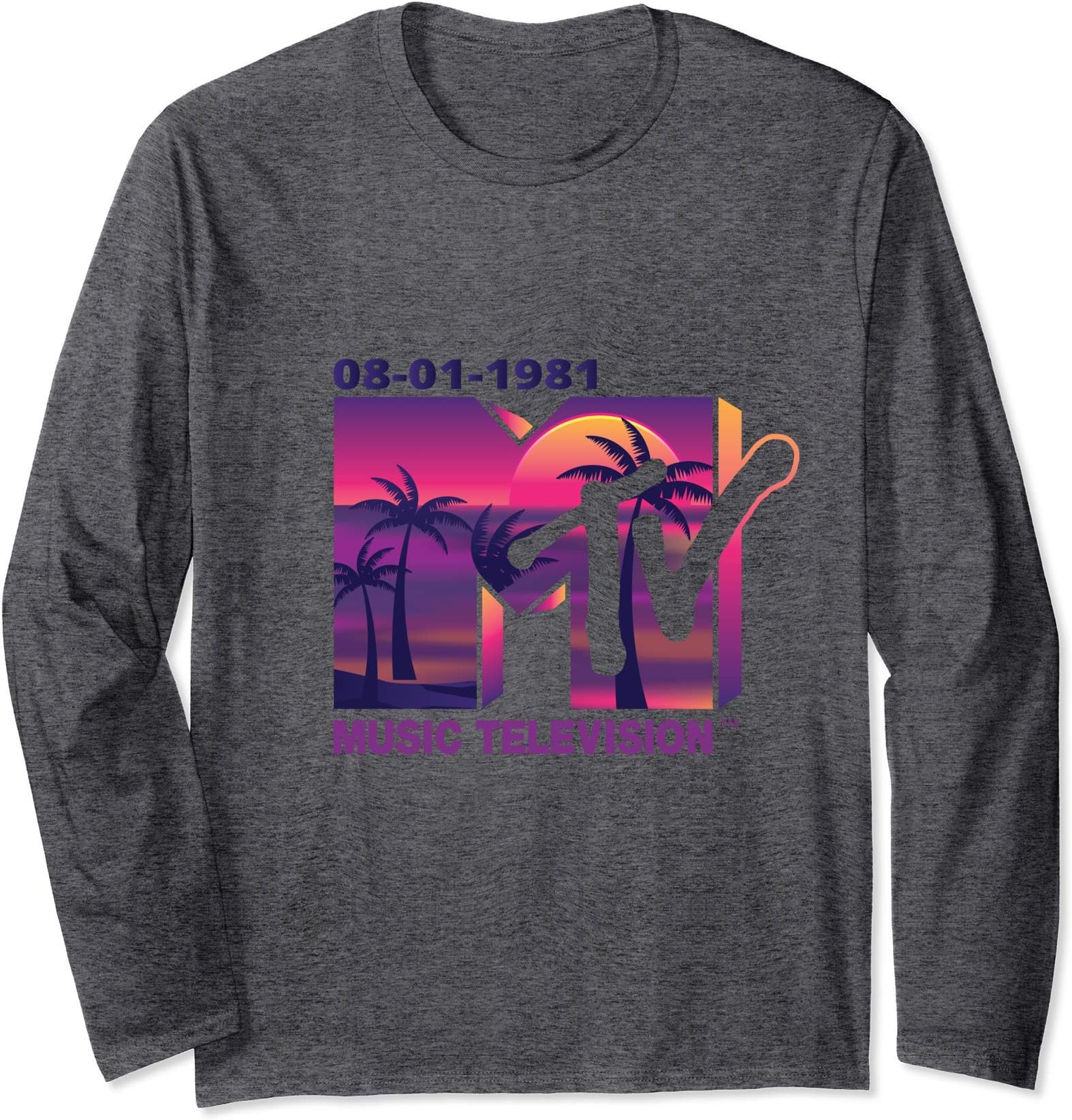 Mademarkx MTV - The official 1981 MTV Logo with purple Palms in the Sunset Long Sleeve T-Shirt