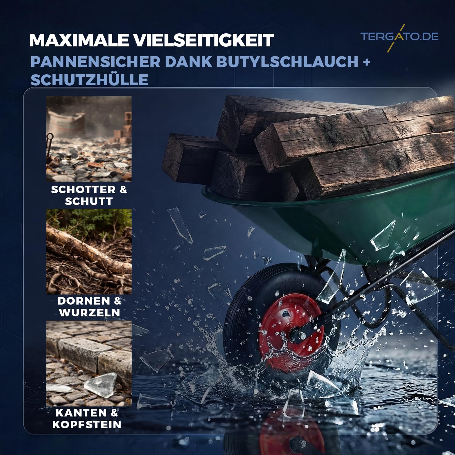 Schubkarrenreifen Set 400mm (4.80/4.00-8) 2PR von Tergato – Robuster Mantel (Decke) & Premium Butyl-Schlauch mit geradem Ventil – OHNE FELGE – Rillenprofil bis 2,0 Bar – Ersatzreifen für Schubkarren