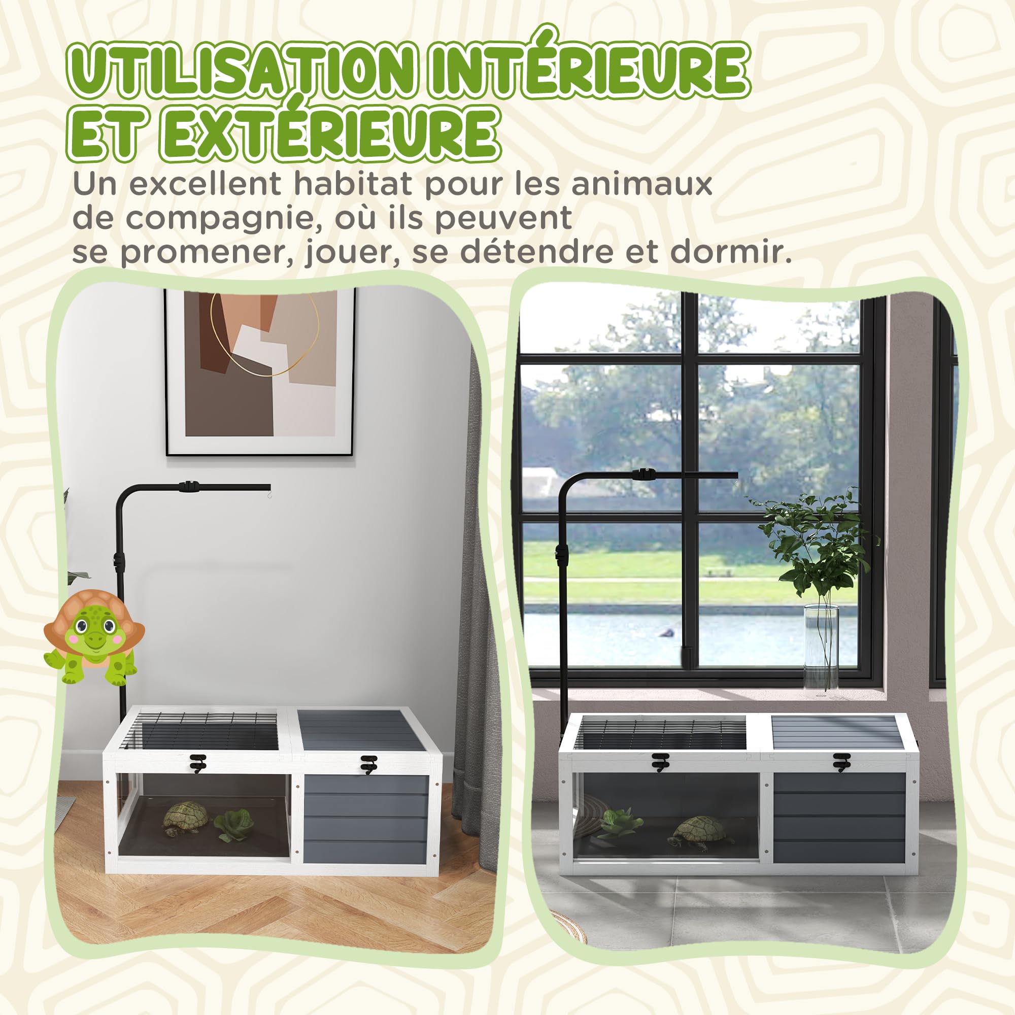 PawHut House gabbia per tartarughe di piccole dimensioni con 2 spazi, portalampada regolabile, 2 vassoi scorrevoli, 81 x 48 x 31,5 cm - legno massiccio grigio