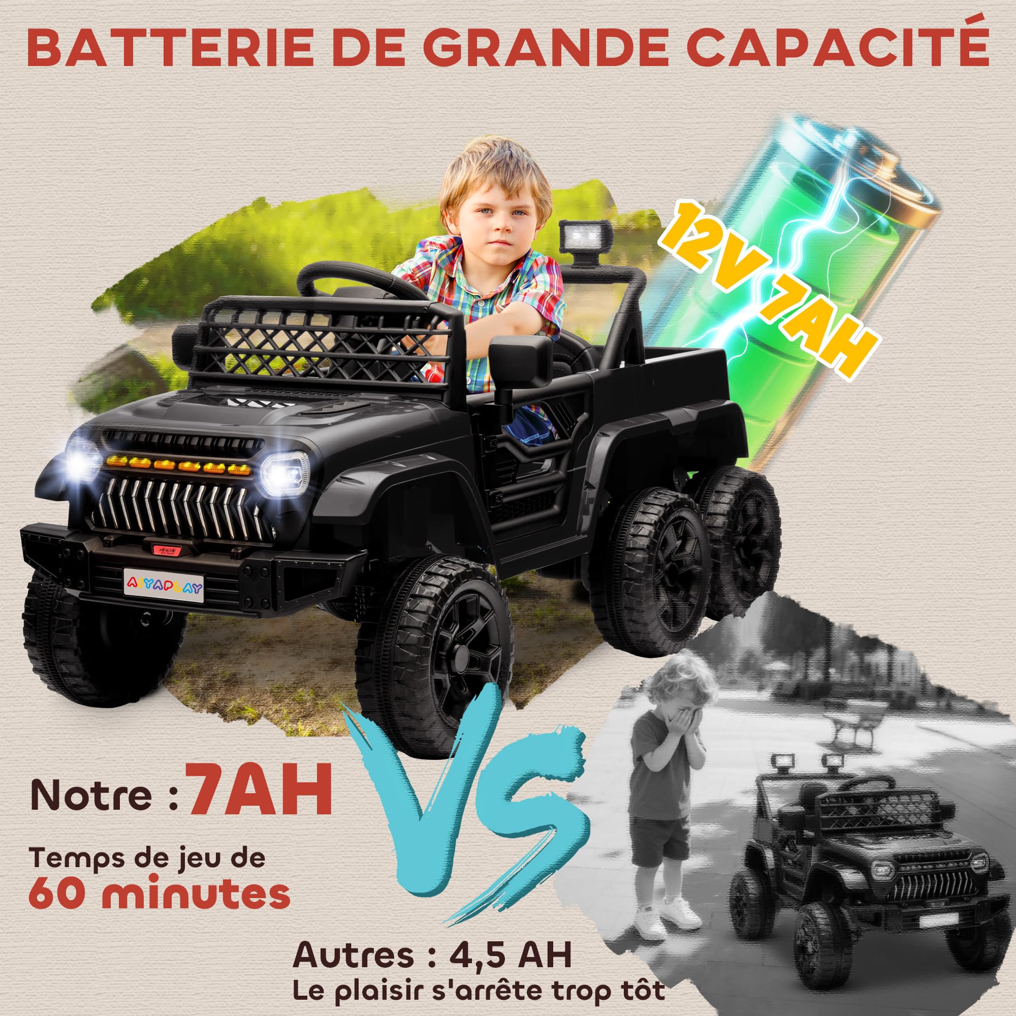 AIYAPLAY Samochód elektryczny dla dzieci 4 x 4 6 kół 2 silniki 122 x 62,5 x 65 cm czarny | Elektryczny buggy dla dzieci, tryby 4x4 i 2x2, pilot 2,4G, 12 V, 3 prędkości, przyczepa tylna, muzyka, światła LED