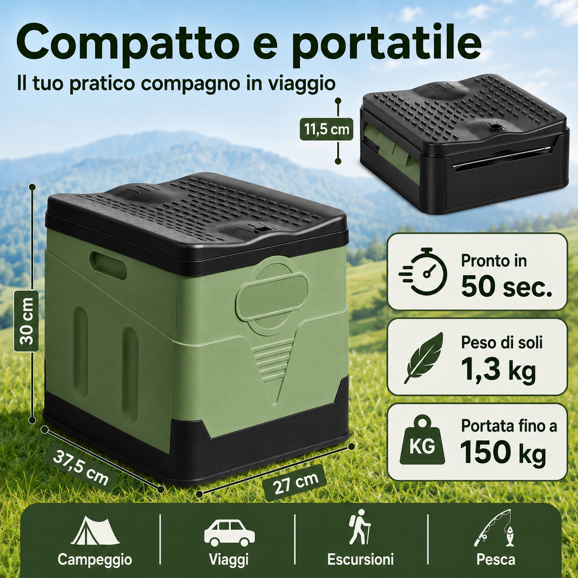 WC Portatile – 25L Capiente, Supporta Fino a 150KG – Water Portatile Adulti con 24 Sacchetti Igienici, Borsa per Il Trasporto & Cuscino, per Camper, Escursionismo & Emergenze