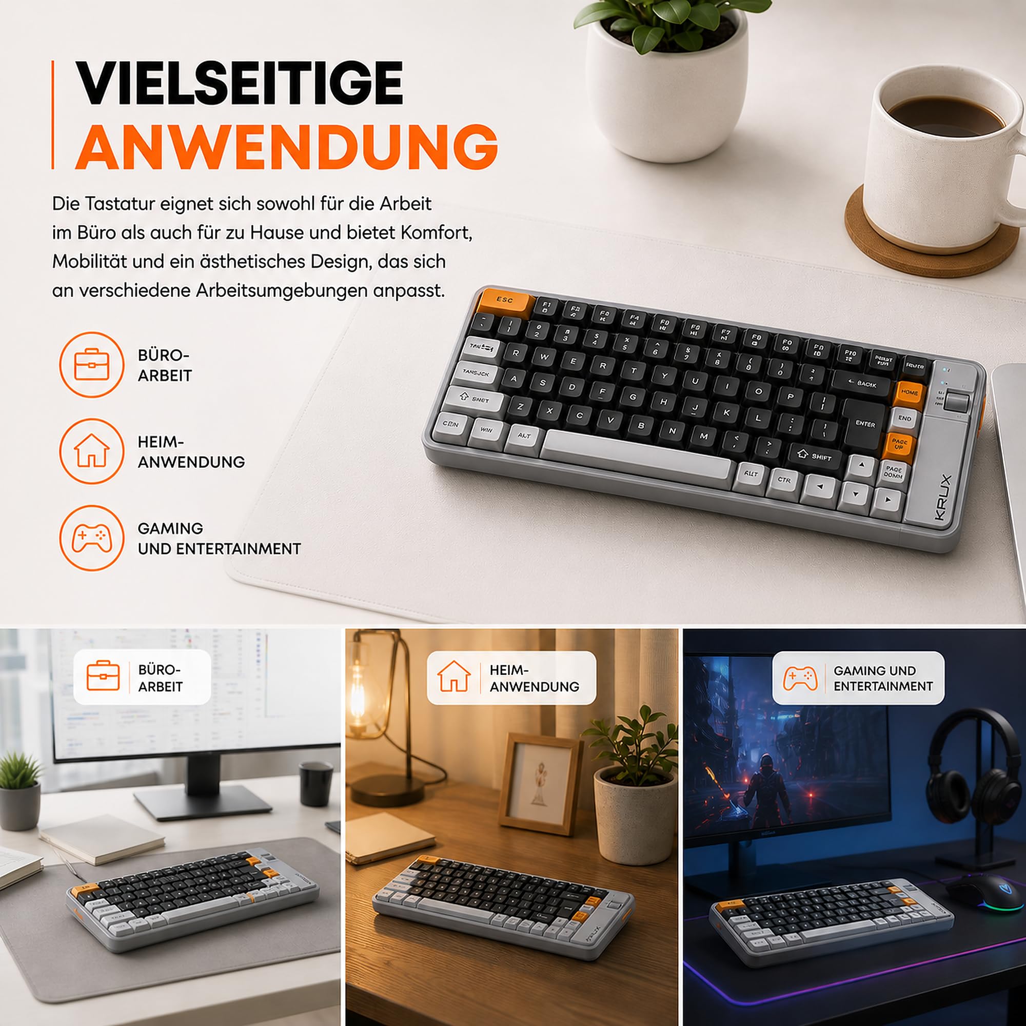 KRUX Zyro 75%, Bezprzewodowa klawiatura membranowa 84 klawisze, Bluetooth + 2,4 GHz + USB-C, cicha, układ US ANSI, Windows/Mac/Linux/Android, szaro-żółta, retro design