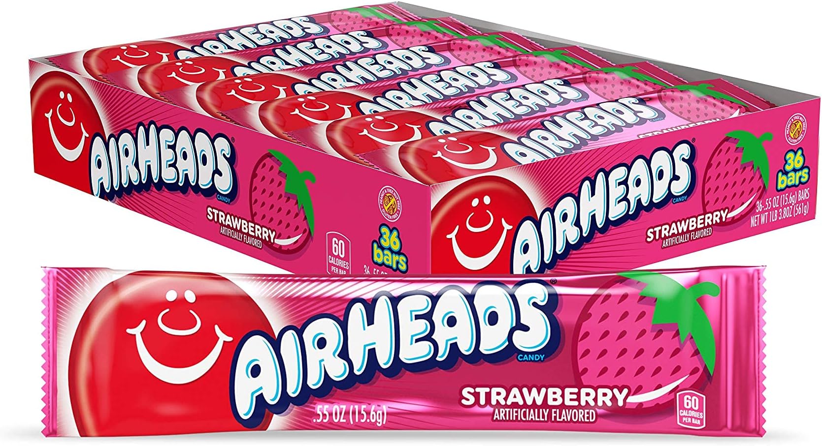 Candy, Individually Wrapped Full Size Bars, Strawberry, Bulk Taffy, Non Melting, Party, 0.55 oz (Pack of 36) - 1