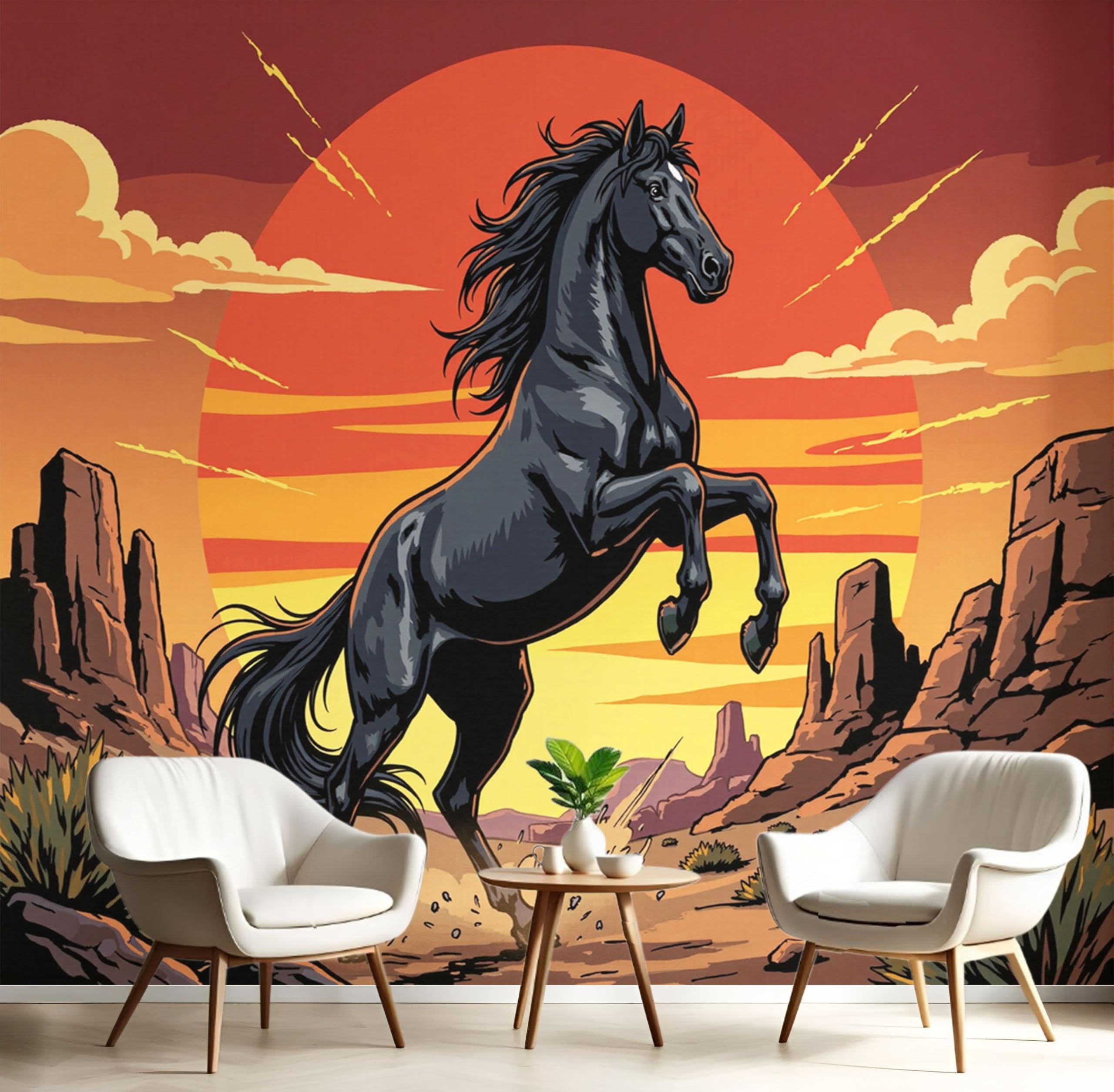 Papier peint cheval noir pour créer une ambiance salon chaleureuse