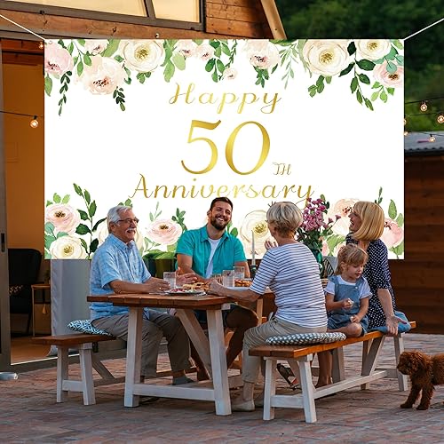 Miniatura 5 de Vlipoeasn Elegante telón de fondo blanco del 50 aniversario, poliéster, diseño de peonía de oro rosa, cuerda incluida, para sorpresa de pareja,