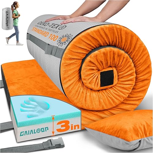 Miniatura 18 de Colchón de Espuma Viscoelástica de 3 Pulgadas para Acampar, Almohadilla de Dormir de Doble Capa Gruesa para Coche, Tienda, Cama, Enrollable, Verde