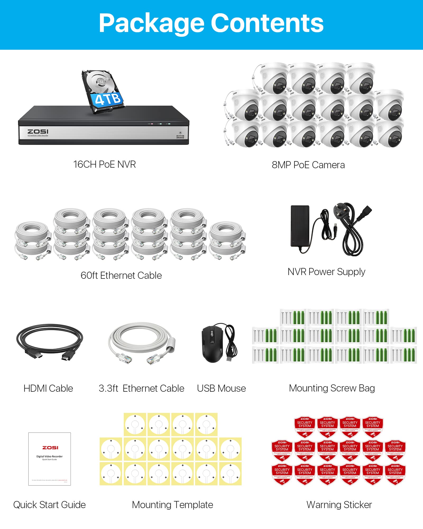 ZOSI 4K Kit de Cámaras de Vigilancia PoE 16pcs Cámaras de Seguridad Exterior con 16CH 8MP H.265+ Grabador NVR, Visión Nocturna en Color, Alarma de Luz y Sirena, Audio, 4TB HDD Incluido