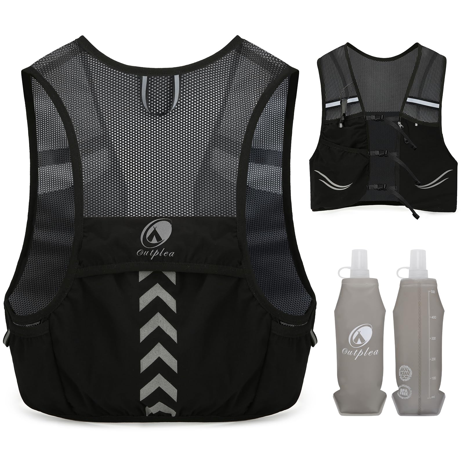 Outplea Breathable Reflective Running Vest with 2 pcs Soft Water Bottle for Men Women, Ultralight Hydration Vest for Jogging Trail Running Cycling Race Marathon, Black/L โ image 1