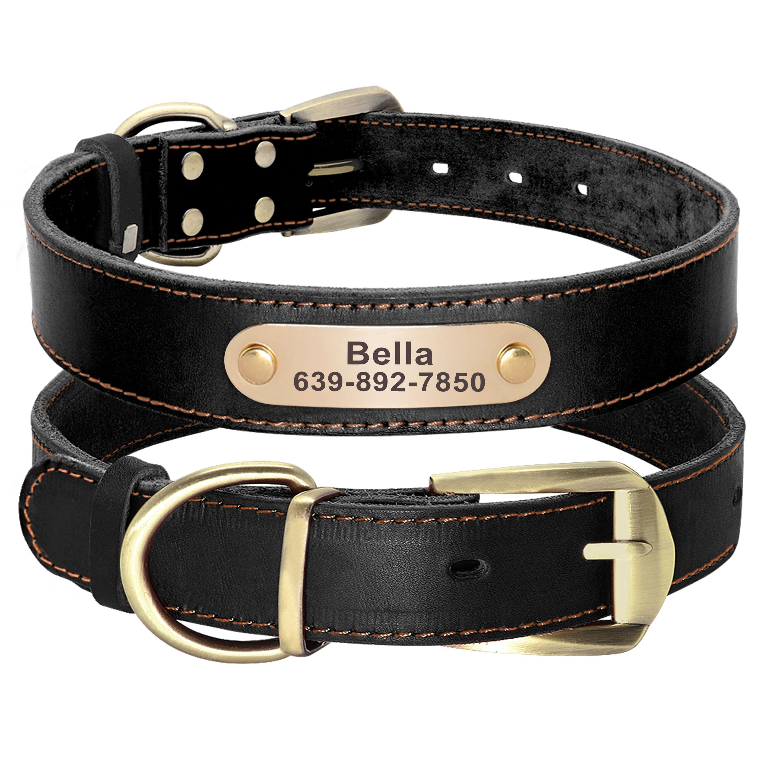 Didog Genuine Leather Dog Collars with Engraved Nameplate, Personalized Soft Leather Dog Collar with Custom ID Tag, Brown/Green/Red for Small Dogs (S,