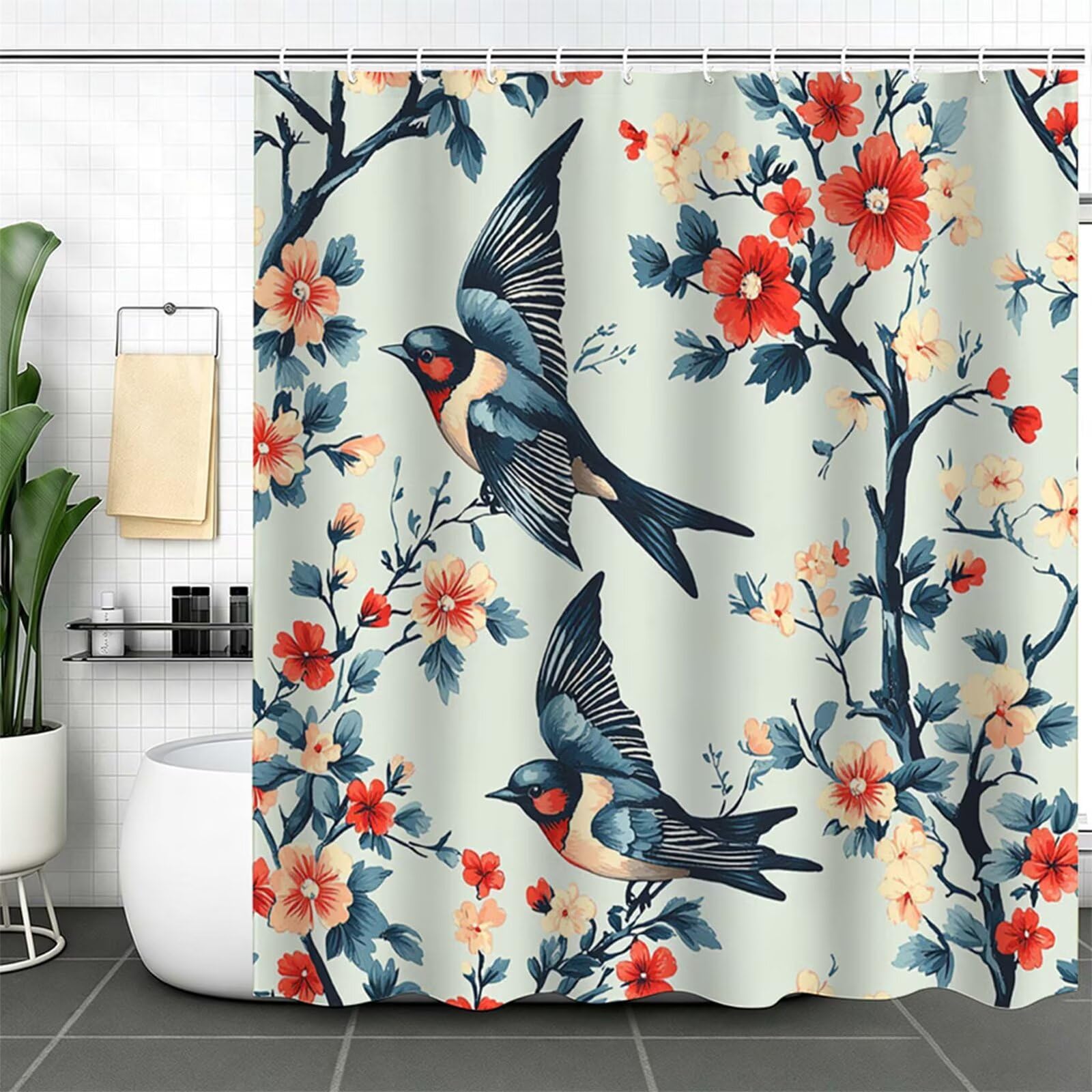 Tenda Doccia 230x180cm azzurro Tenda per Doccia con 12 Anelli, Bordo Ponderato, Polyester Tessuto Lavabile, Asciugatura Rapida, Facile da Pulire, per Bagno Dormitorio Hotel uccello J-633