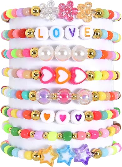 Friendship Bracelet Set for Women & Girls - Trendy Handmade Jewelry Gift with Love Charms, Rainbow Color, Boho Beads & Adjustable Design 8-Pack