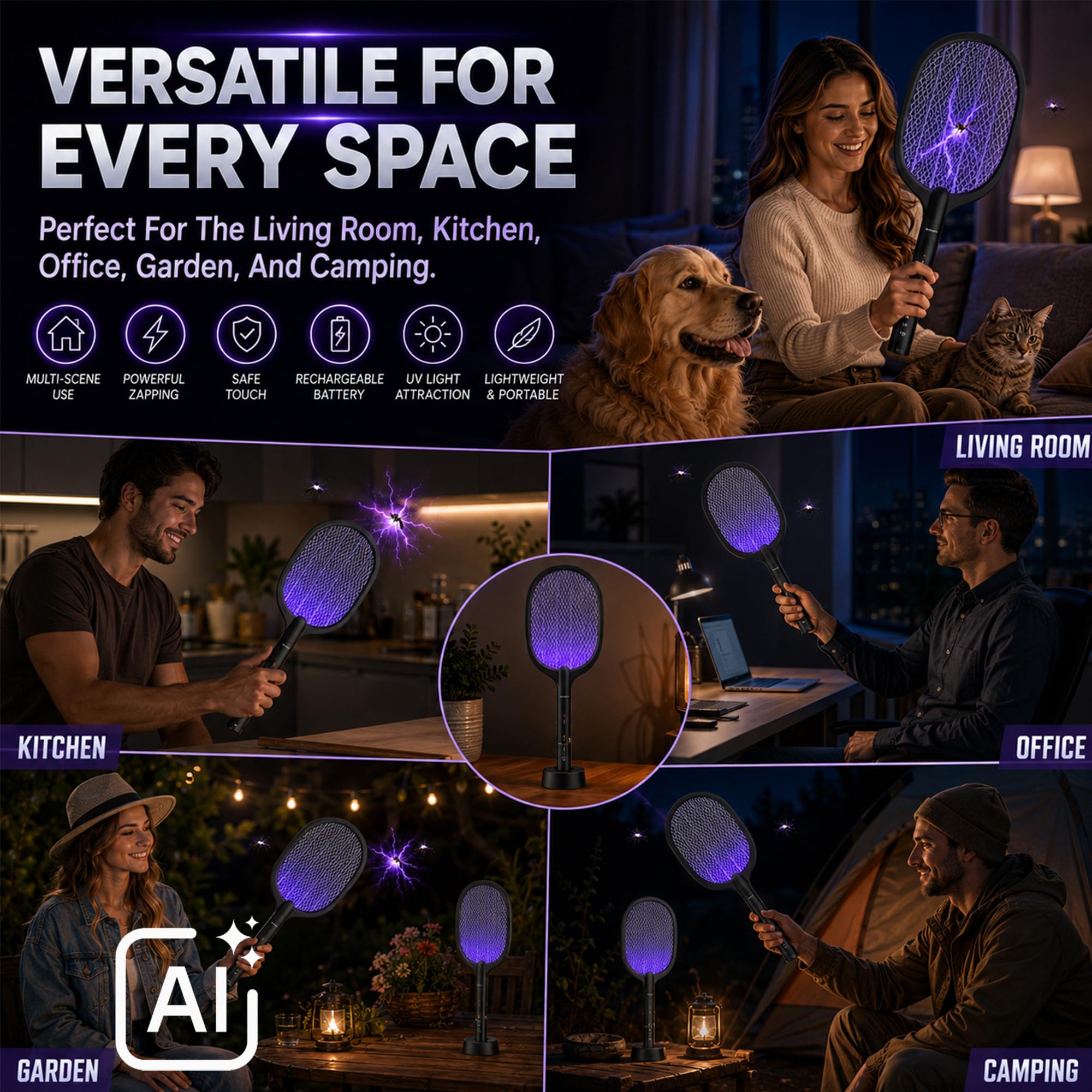 Matamoscas eléctrica (paquete de 2) raqueta matamoscas eléctrica recargable por USB-C, portátil, inalámbrica, para matar mosquitos, avispas, mosquitos, moscas, insectos, con soporte