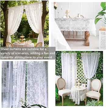 Primst White Floral Embroidered Lace Sheer Curtains with Curtain Tieback, Rod Pocket Window Voile Drapes for Living Room Bedroom Wedding Stage Decor (59W x 90L Inch, 2 Panels)