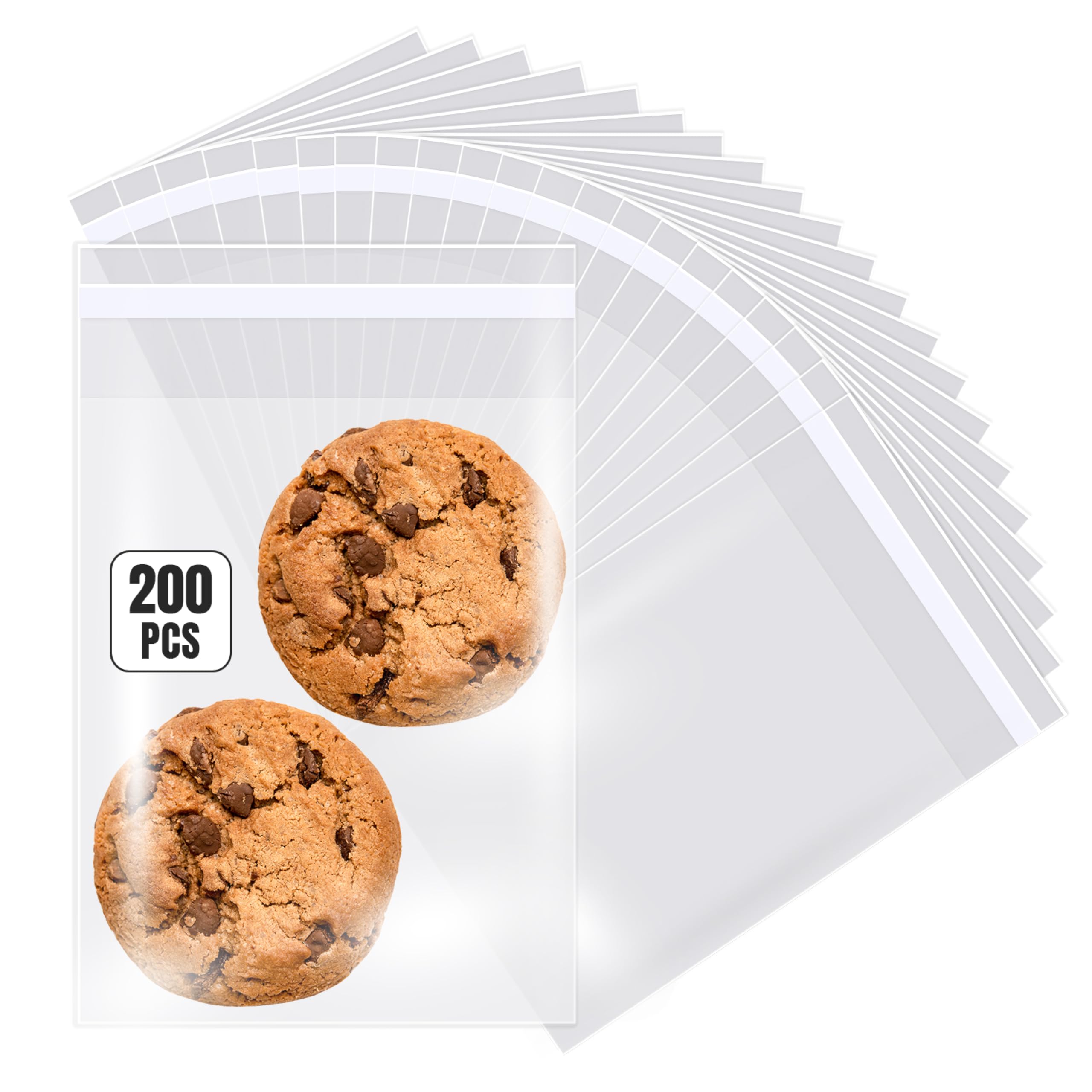 Prestee Self Sealing Cellophane Bags 4x6 In - 200 Pack - Clear Poly Bags for Cookies, Treats, and Gifts - Self-Sealing Closure - 100% Polypropylene -