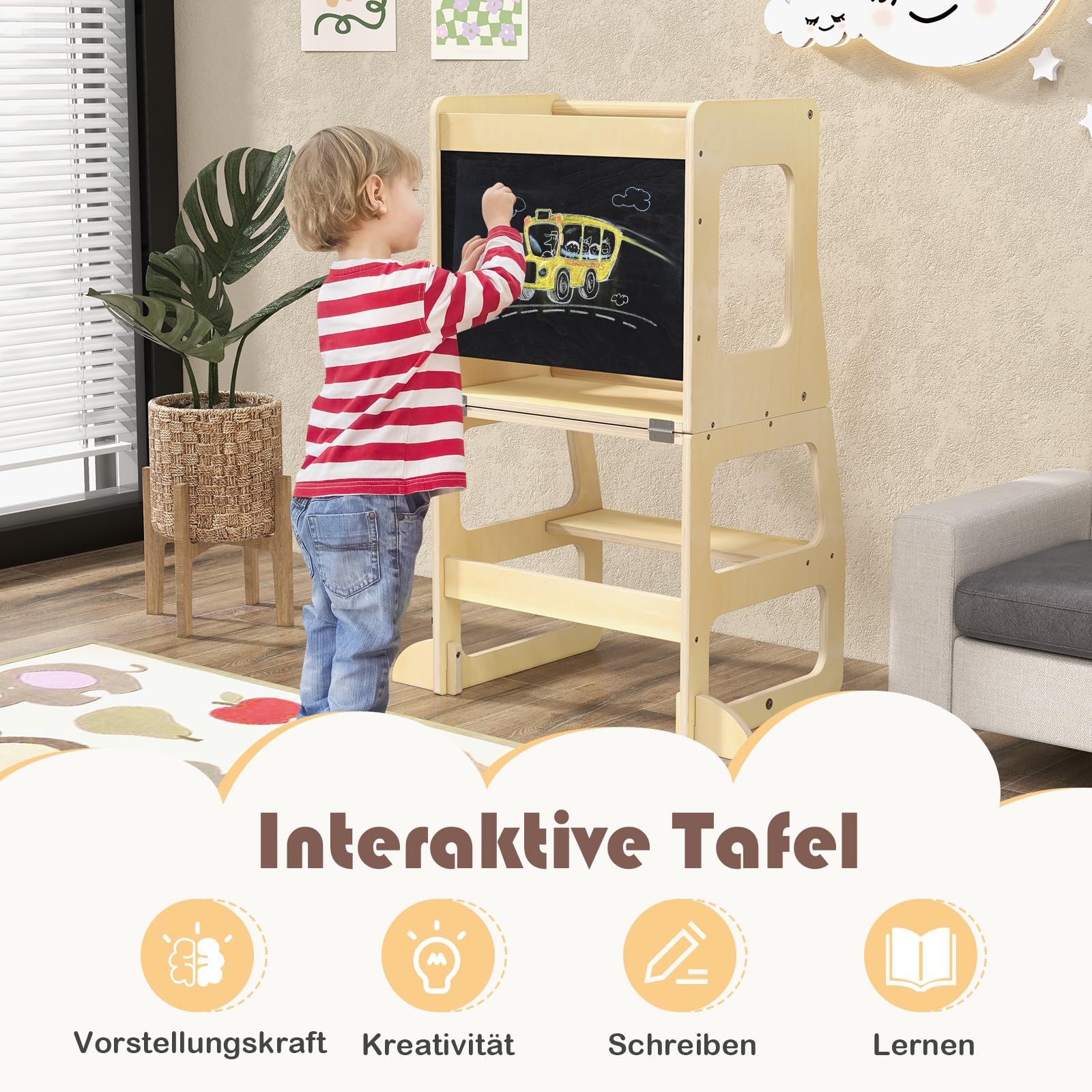COSTWAY Wieża edukacyjna dla dzieci 3 w 1, składany taboret, stół i zestaw stołków dziecięcych, stołek dla dzieci, wieża stojąca, krzesło do nauki do pokoju dziecięcego, kuchni, łazienki, od 1 roku
