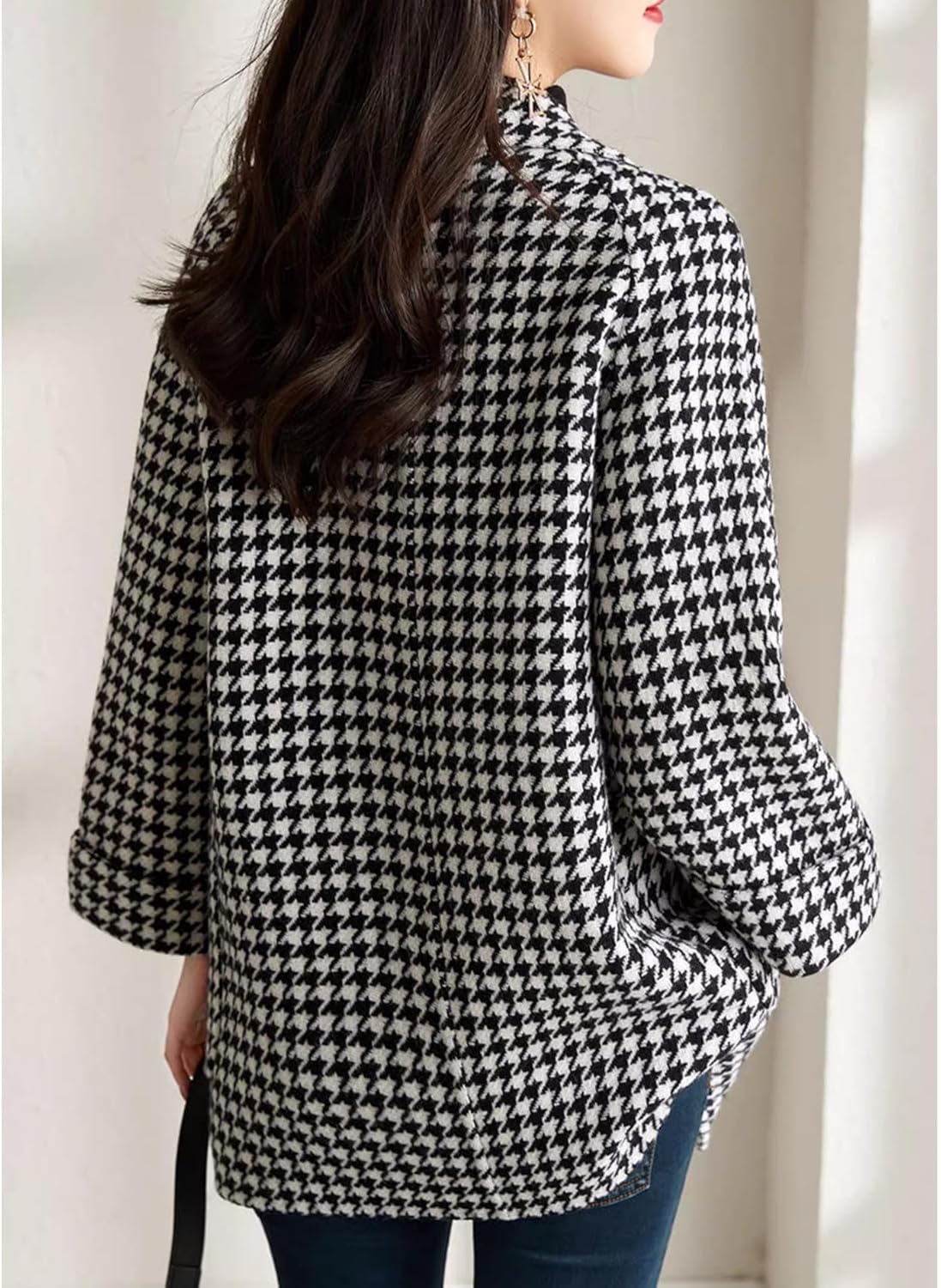 SOMTHRON Women's Houndstooth Blazer Jackets Double Breasted Notch Lapel Trench Coat Peacoat Plaid Overcoat - Image 6