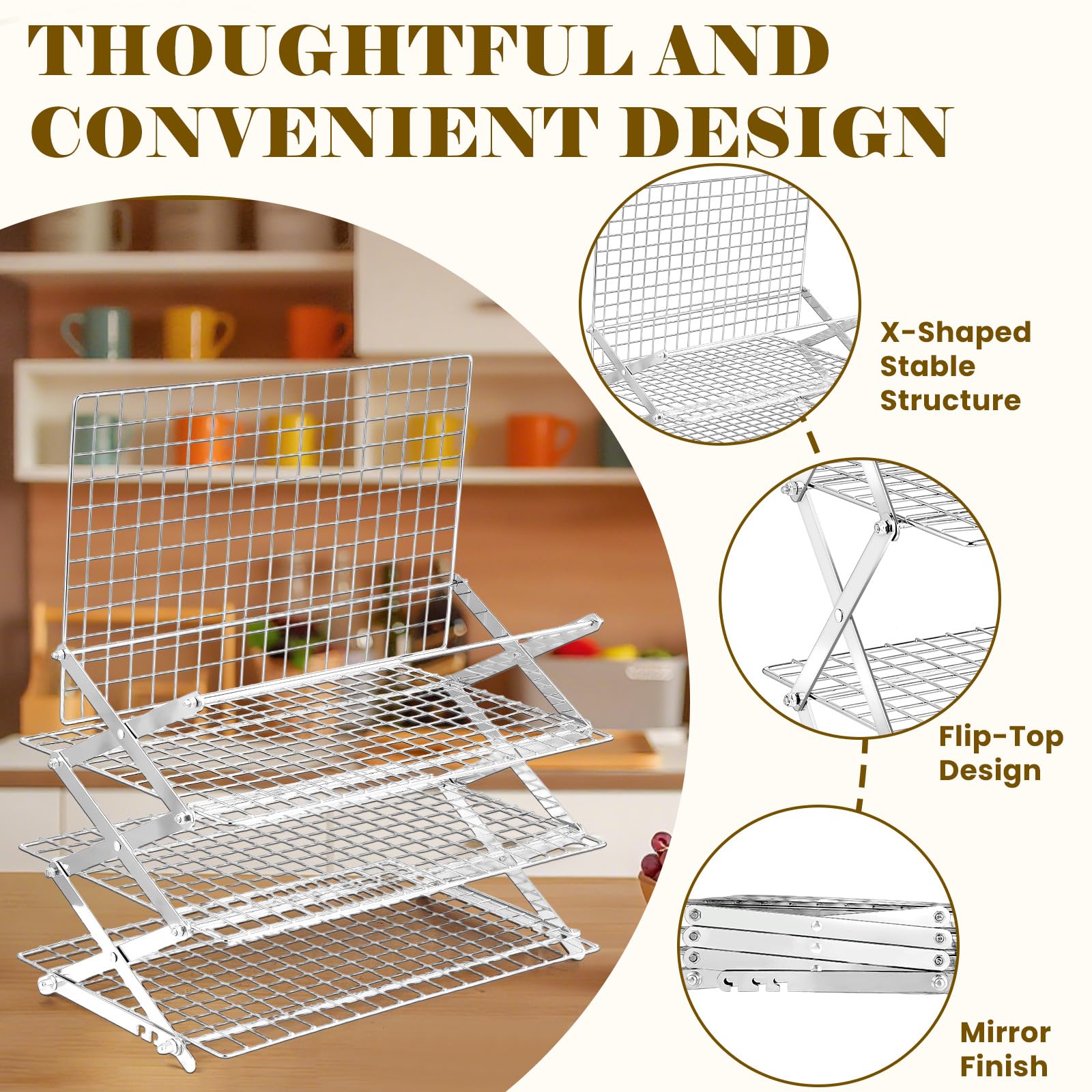 Grille de refroidissement pliable à 4 niveaux – Grille de cuisson réglable en acier inoxydable avec maille anti-fuite, structure en forme de X pour la cuisine et la pâtisserie, passe au lave-vaisselle