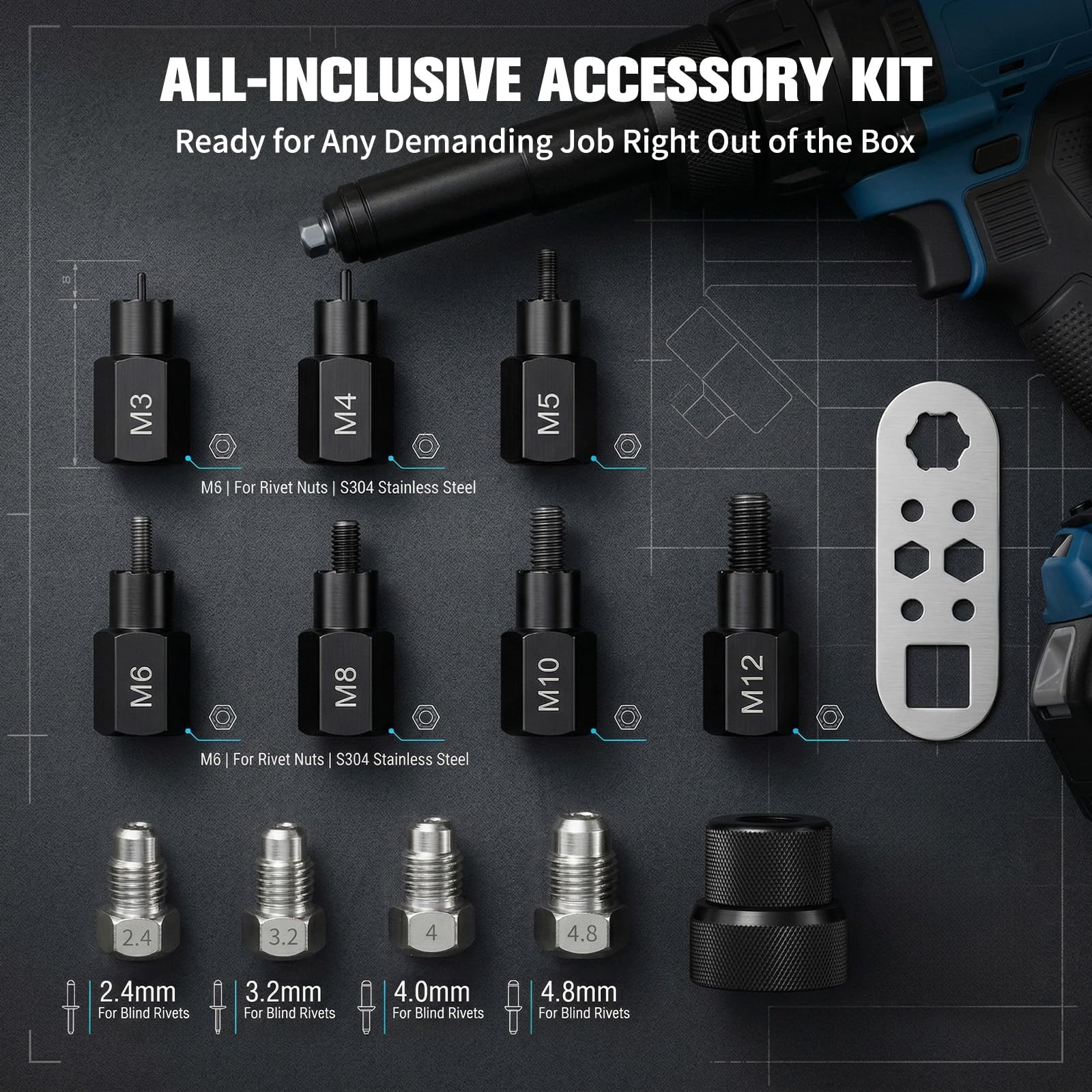2 in 1 Kabelloses Nietgerät und Nietmutterpistole kompatibel mit Makita 18V-Akku, Elektrische Nietzange mit Brushless-Motor, Inklusive M3/M4/M5/M6/M8/M10/M12 Muttern, 4 Adaptern (ohne Akku)