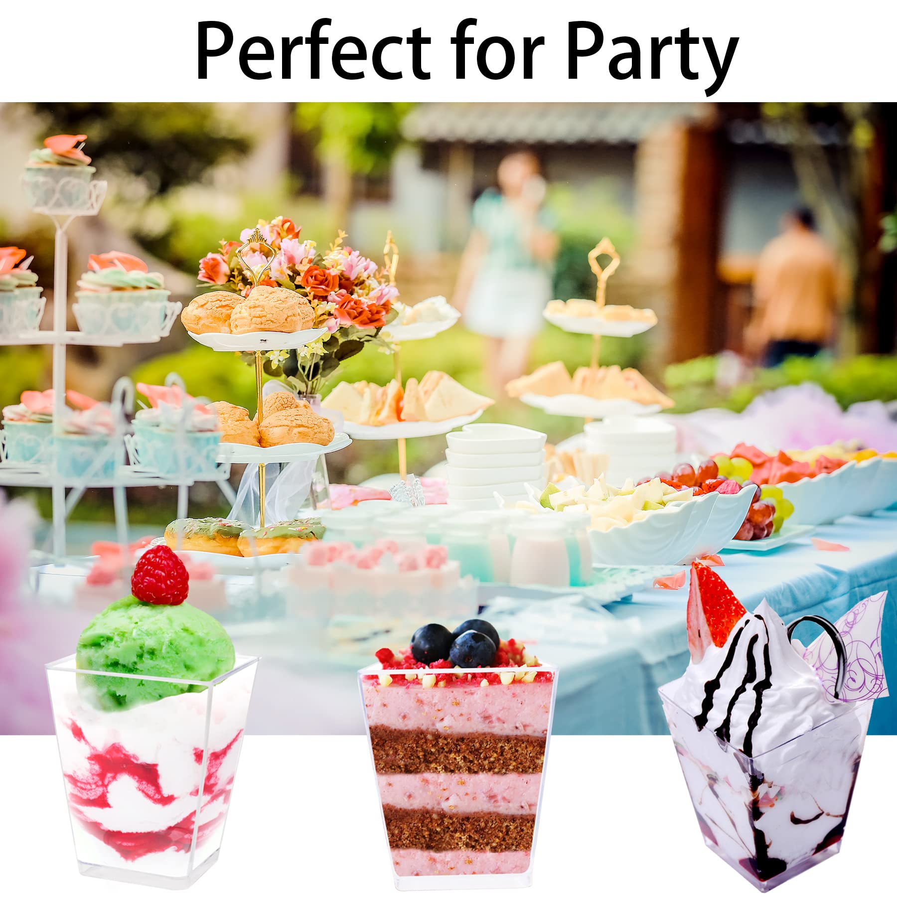 52 Gobelets à Dessert Transparents Carrés 5 Oz + 52 Cuillères – Idéal Pour Tiramisu, Mousse, Fruits, Cupcakes – Plastique Robuste Et Élégant