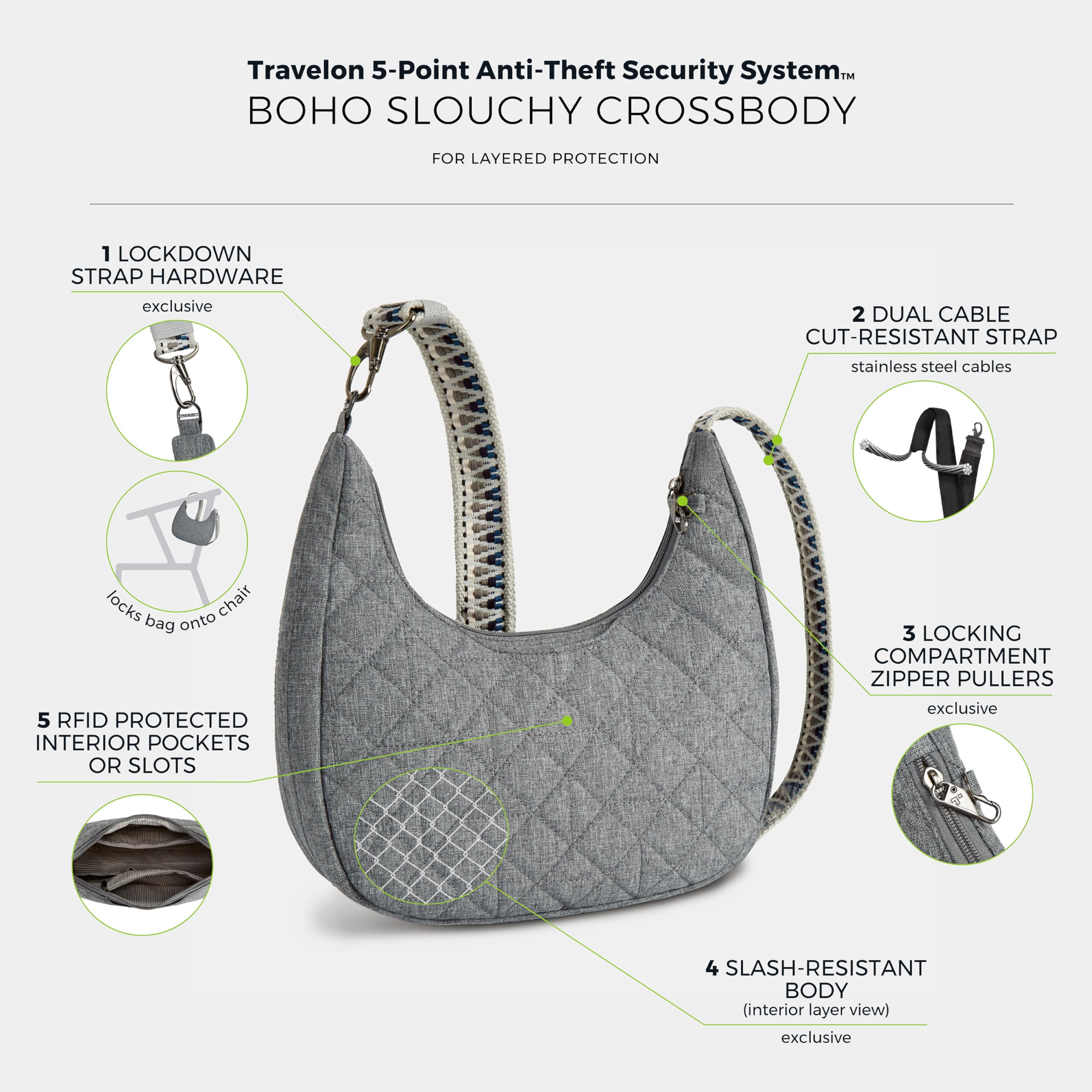 Travelon Borsa A Tracolla Morbida Antifurto Boho, Unisex-Adulto
