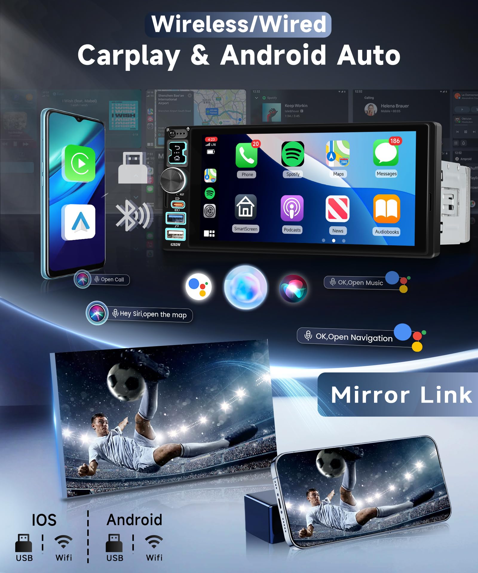 VECHTEL Autoradio 1 Din mit Drahtlos Carplay Android Auto, 6,8 Zoll IPS HD Touchscreen Autoradio, Unterstützung FM Radio Mirror Link USB/Typ-C Lenkrad-Bedienelemente Fernbedienung Rückfahrkamera