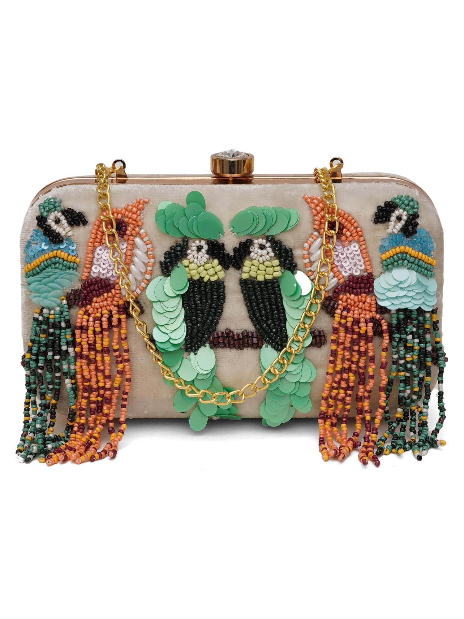 fabbhue Women's Off White Bird Hand Embroidery Party Wedding Box Clutch Purse Bag with detachable Sling-picture-38