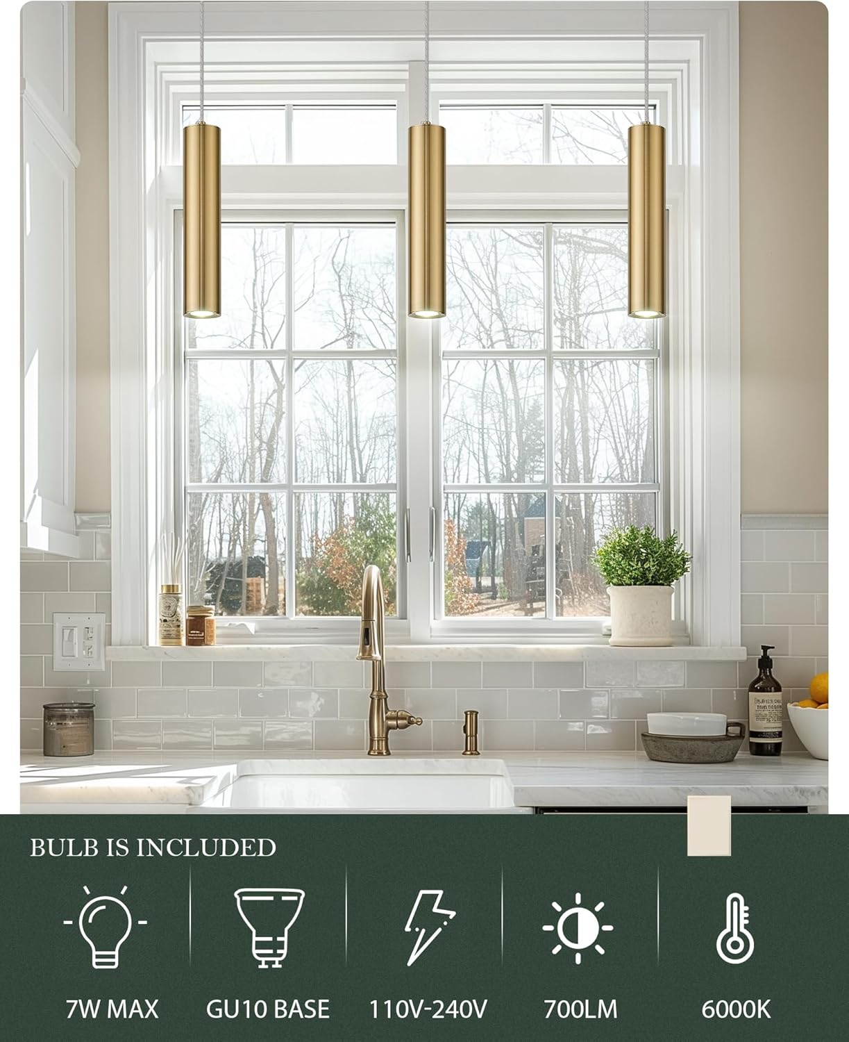 Brass Gold Pendant Light, Modern Hanging Light Fixture for Kitchen Island Dining Room Bedroom (1 Pack), PL4830-1P-BB