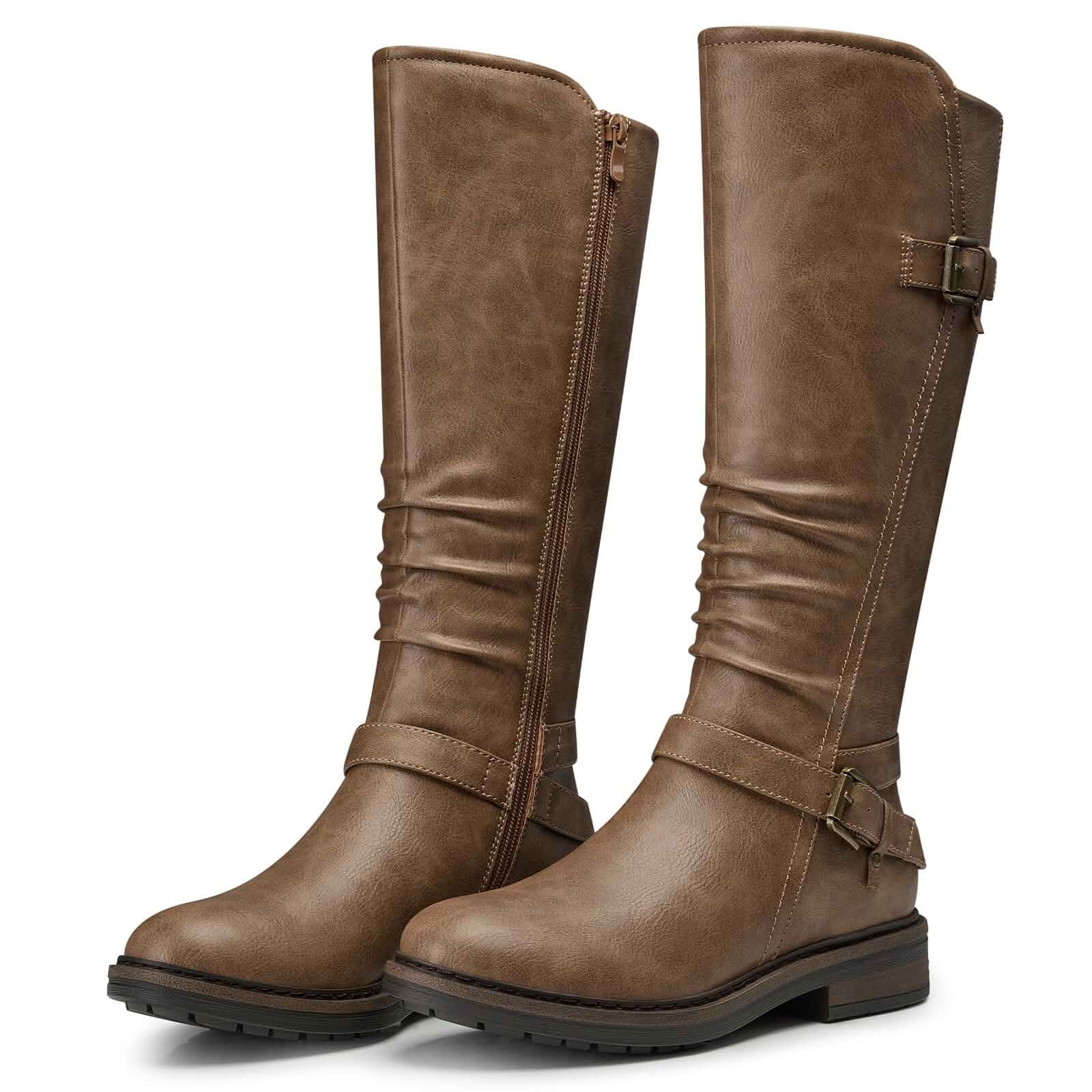 SHIBEVER Women's Knee High Boots: Comfortable Low Heel Round Toe Tall Boots Soft Leather, Easy Side Zipper, Wide Calf, Fall Winter Dressy Comfort Shoes, Daily Walking for All-Day, Size 6-11