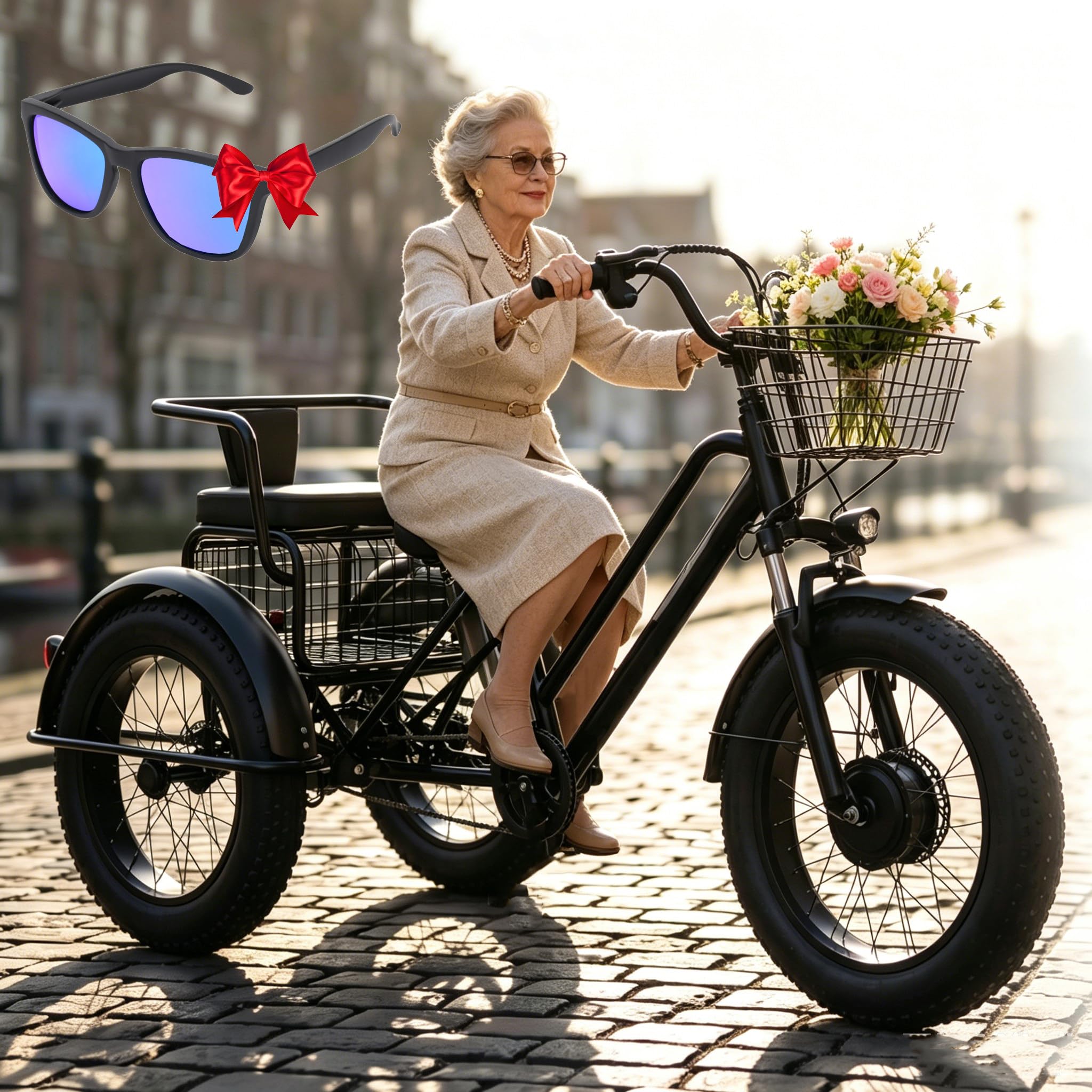 ZhouBSM 20'' Fat Tire Electric Tricycle for Adults | Electric Cargo Tricycle for Adults | Shopping Basket + Rear Child Seat | 48v/12ah Removable Battery | Load 200kg