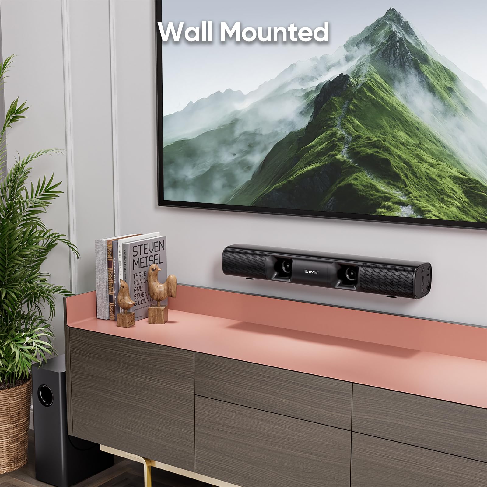 Saiyin Soundbar für Smart TV, 90W Compact Soundbar TV-Lautsprecher mit Subwoofer, 2.1Channel Home Theater Surround Sound System mit knackigen Stimmen und tiefen Bässen für TV PC Projektor