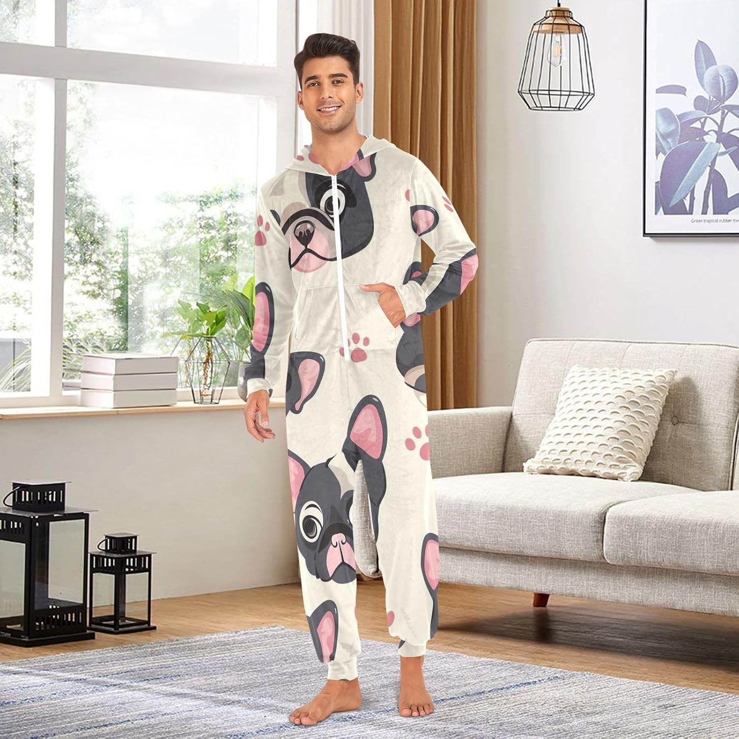 GAIREG Cute Cartoon French Bulldog Adult Onesie Pajamas, Soft Fleece One Piece Jumpsuit Sleepwear for Men Women