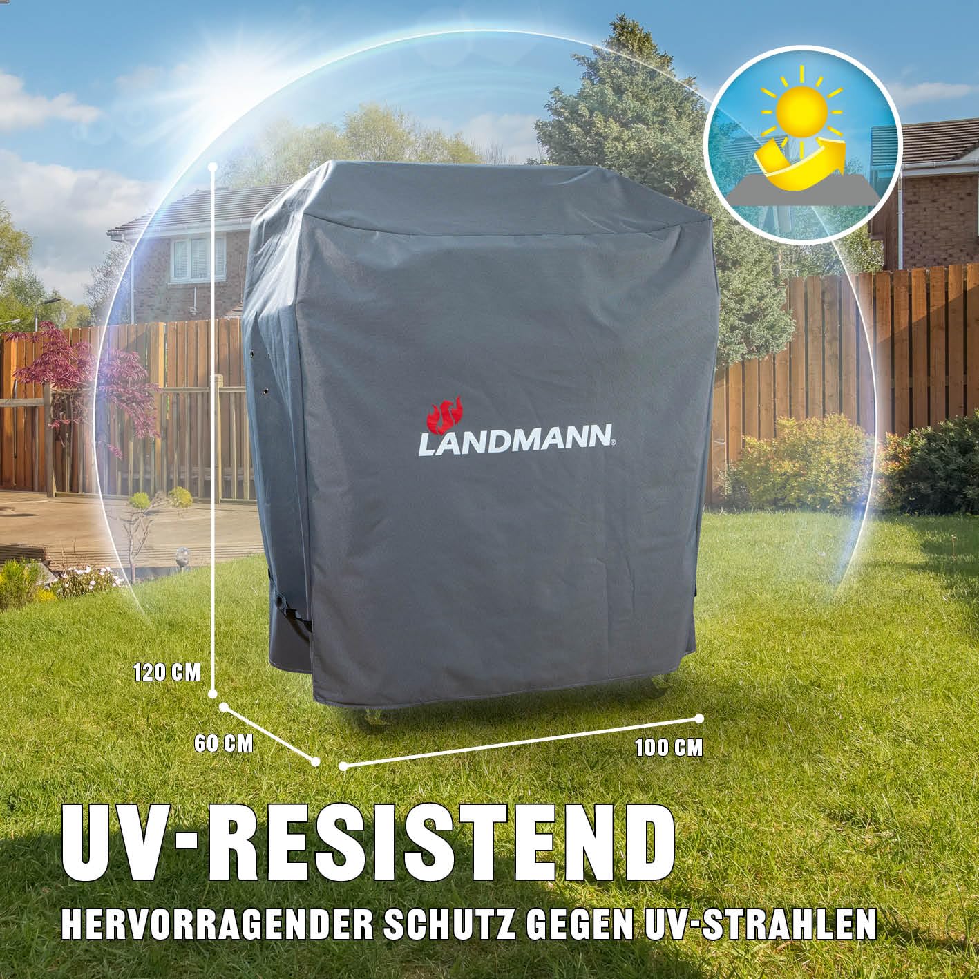 Landmann Premium Wetterschutzhaube | Aus robustem Polyestergewebe & Wasserdicht | UV-beständig, Atmungsaktiv & Kältebeständig | Geeignet für den Grillchef Gasbräter Profi 4 BR [60 x 96 x 120 cm]