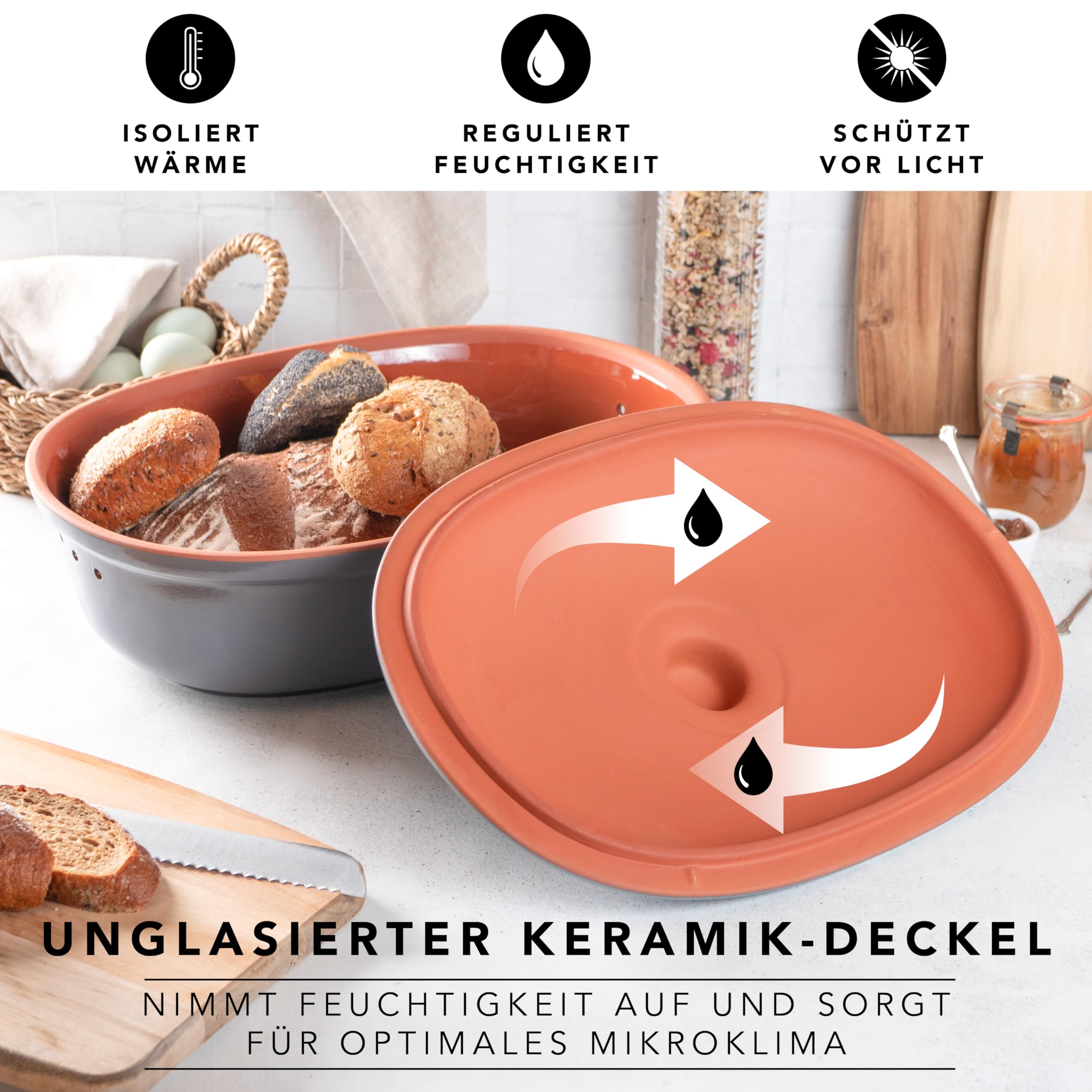 Römertopf Brottopf MAXI aus Naturton – Ovaler Brotbehälter zur Aufbewahrung von Brot & Brötchen – mit Belüftung für lange Frische – spülmaschinengeeignet – 40 x 28 x 20 cm – blau-grau | 40 x 28 x 20 cm, Platz für Baguette und Wochenvorrat, atmungsaktive K