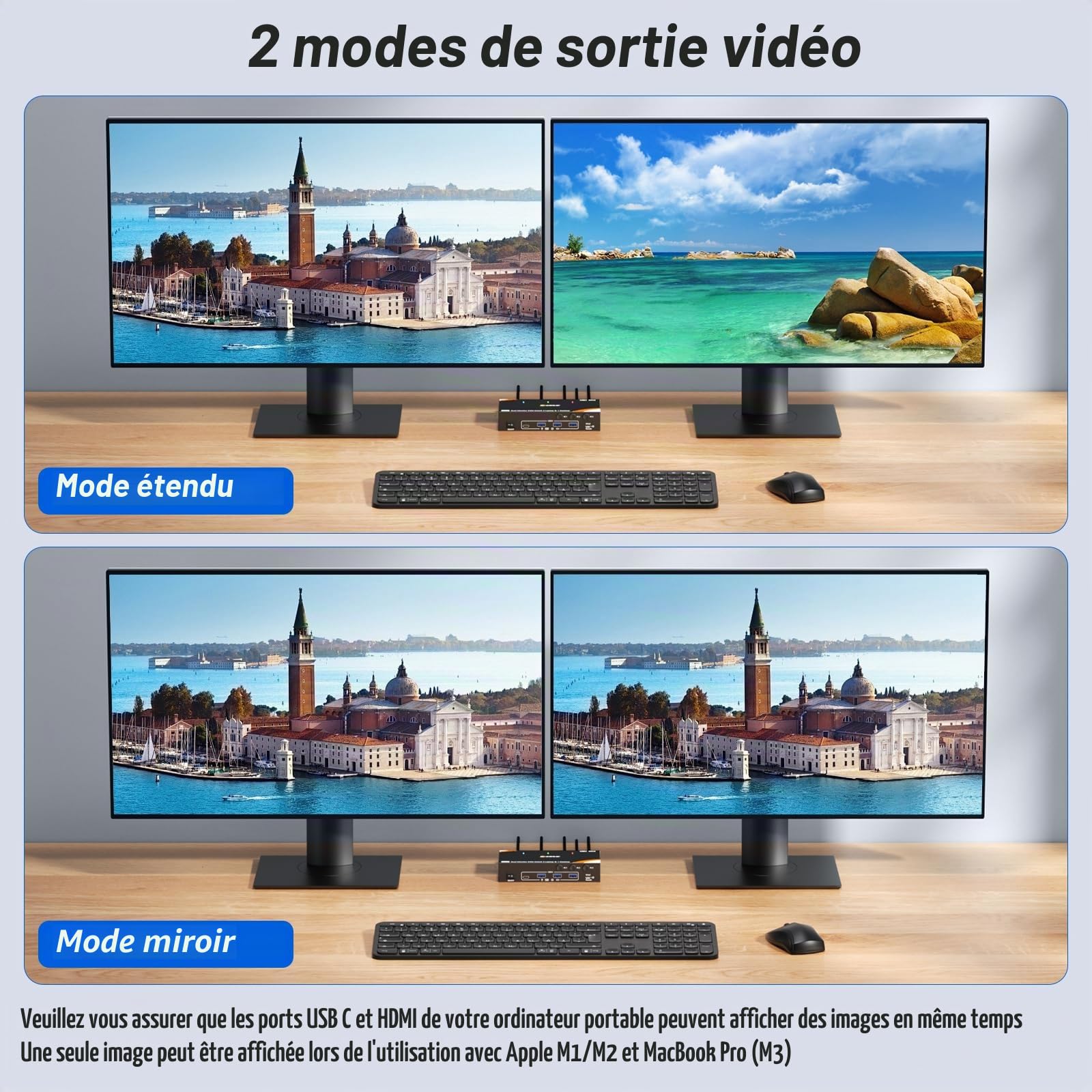 KVM Switch 3 PC 2 Monitor USB-C HDMI, USB 3.0 Dual Monitor Switch KVM pour 2 Laptops 1 Desktop Partagés Clavier Souris, 100W PD, 4K@60 Hz, Wired Remote(4K USB C HDMI 3 in 2 out KVM)