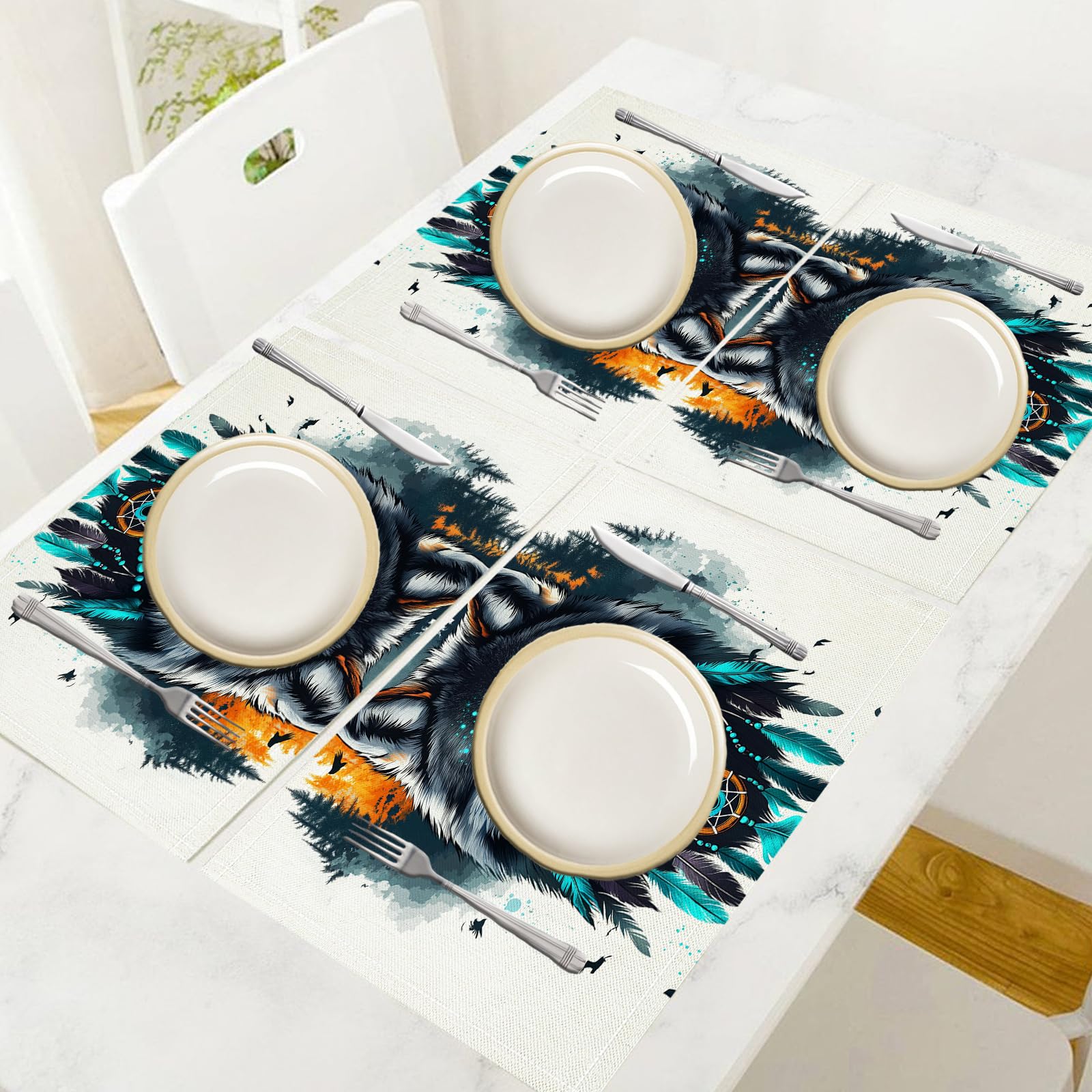 Tovaglietta Americana Acquerello in Cotone Lino Rettangolare - Tovagliette Set di 8 Lupo della rete dei sogni Resistente al Calore per La Cucina, Il L'Ufficio, 30 x 45cm