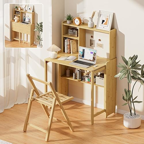 Bamboo Folding Desk with Bookshelf, Compact Computer Desk with Hutch
